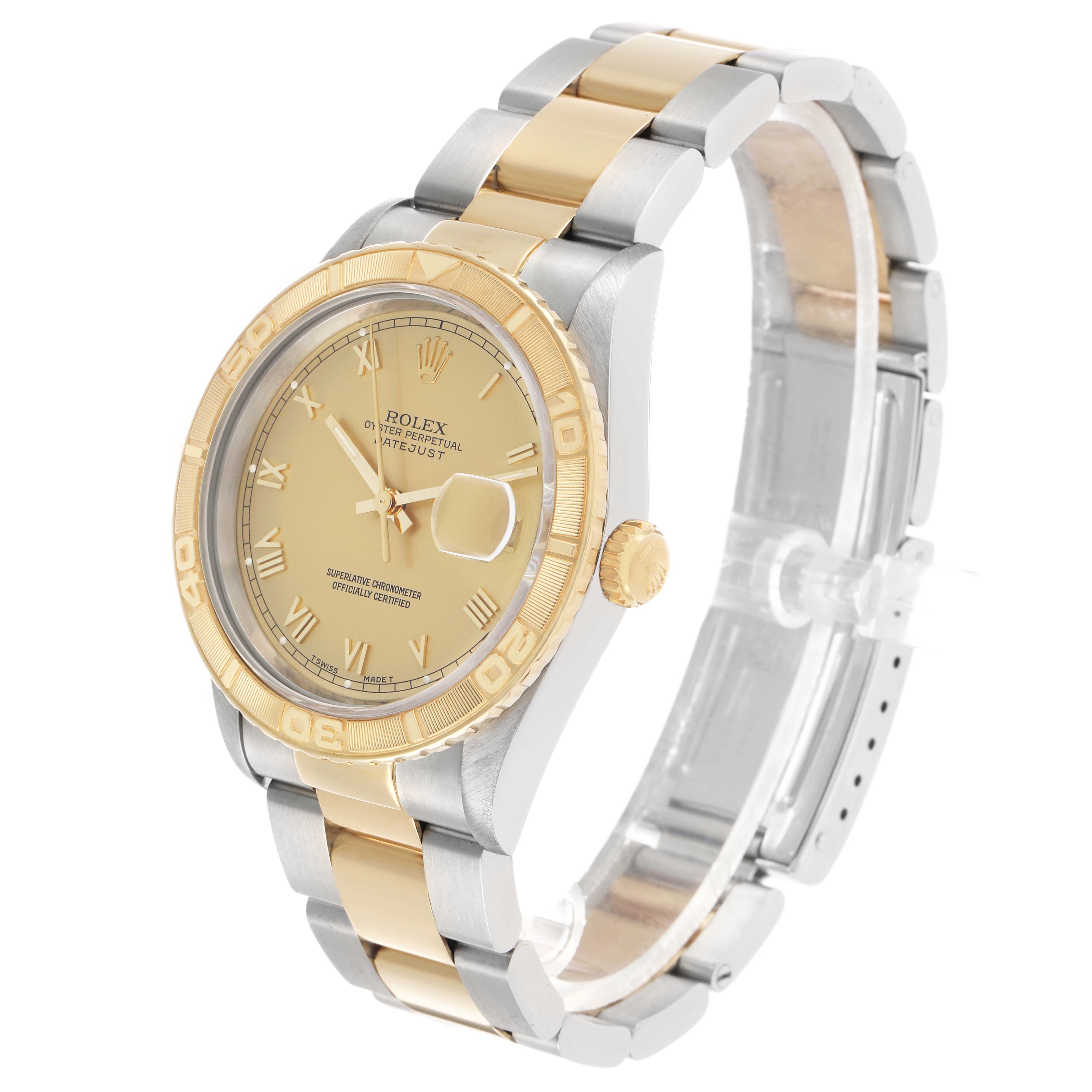 The Rolex Turn-o-Graph 16263 Men's Steel and Gold (two tone) Champagne Dial watch is shown from an angled view, highlighting the bezel, dial, bracelet, and crown.
