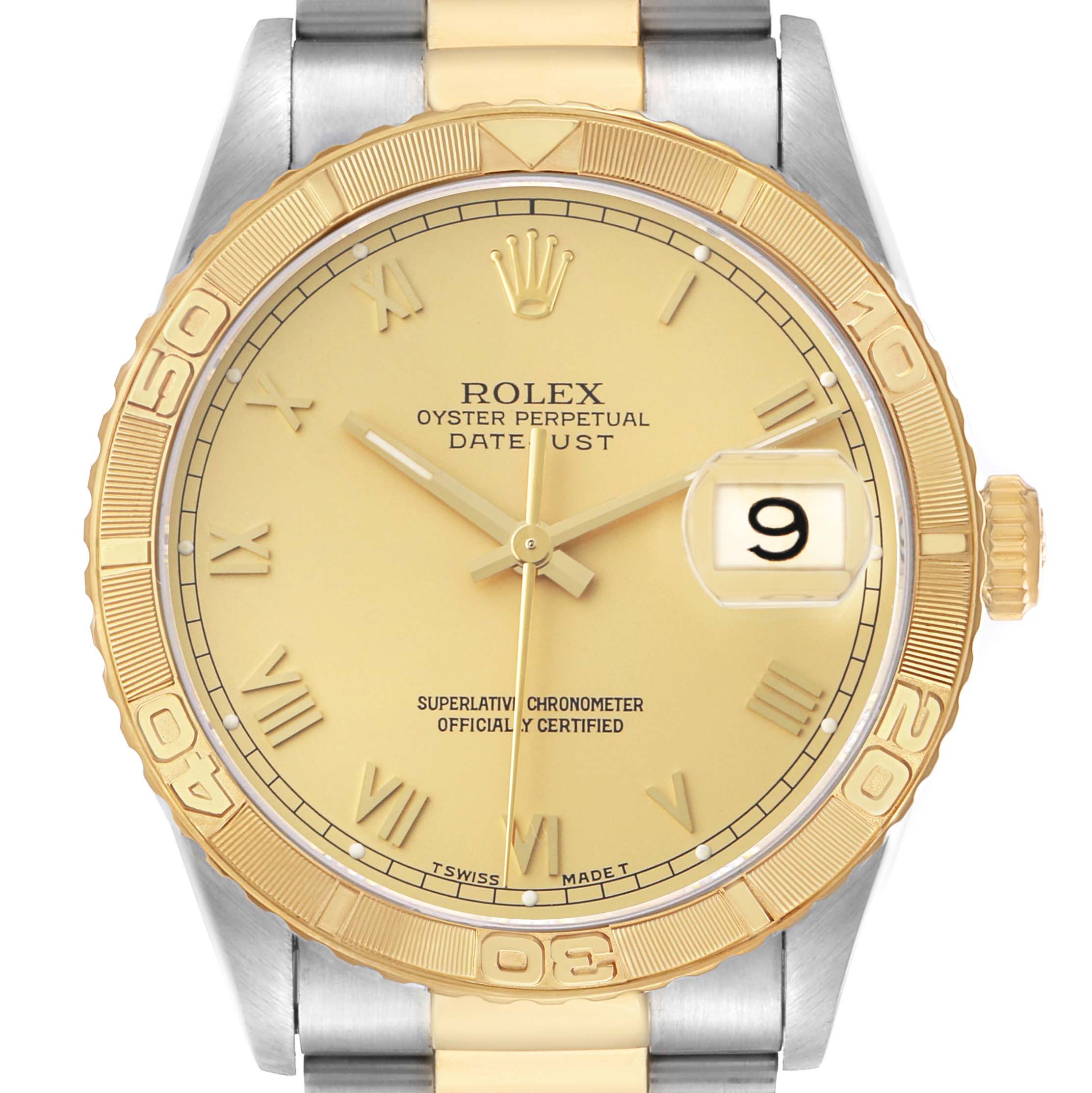 The Rolex Turn-o-Graph 16263 Men's Steel and Gold (two tone) Champagne Dial watch is shown in a front view, highlighting its gold bezel, dial, hands, and date window.