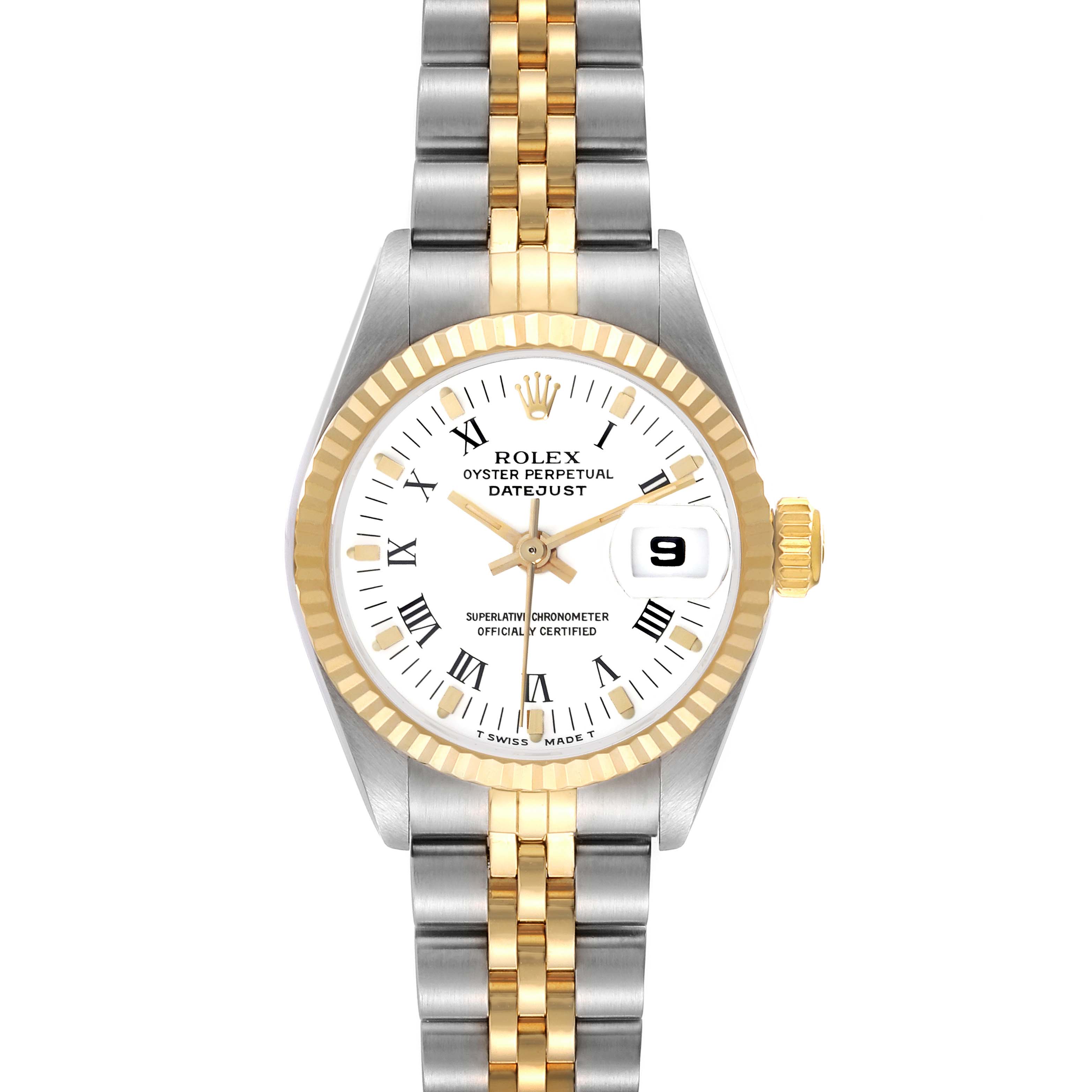 The Rolex Datejust 69173 Women's Steel and Gold (two tone) White Dial 69173 Women's Steel and Gold (two tone) White Dial watch is shown from a top-down angle highlighting the face, bezel, and partial bracelet.
