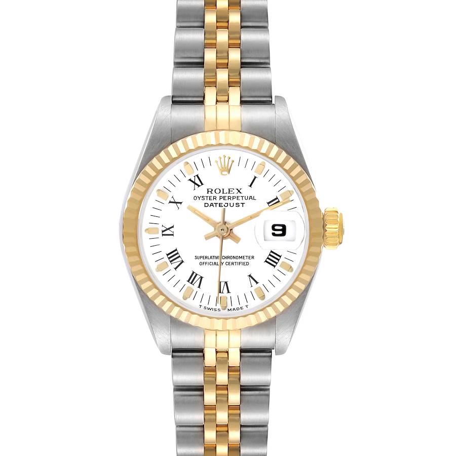 The Rolex Datejust watch is shown from a top-down angle highlighting the face, bezel, and partial bracelet.