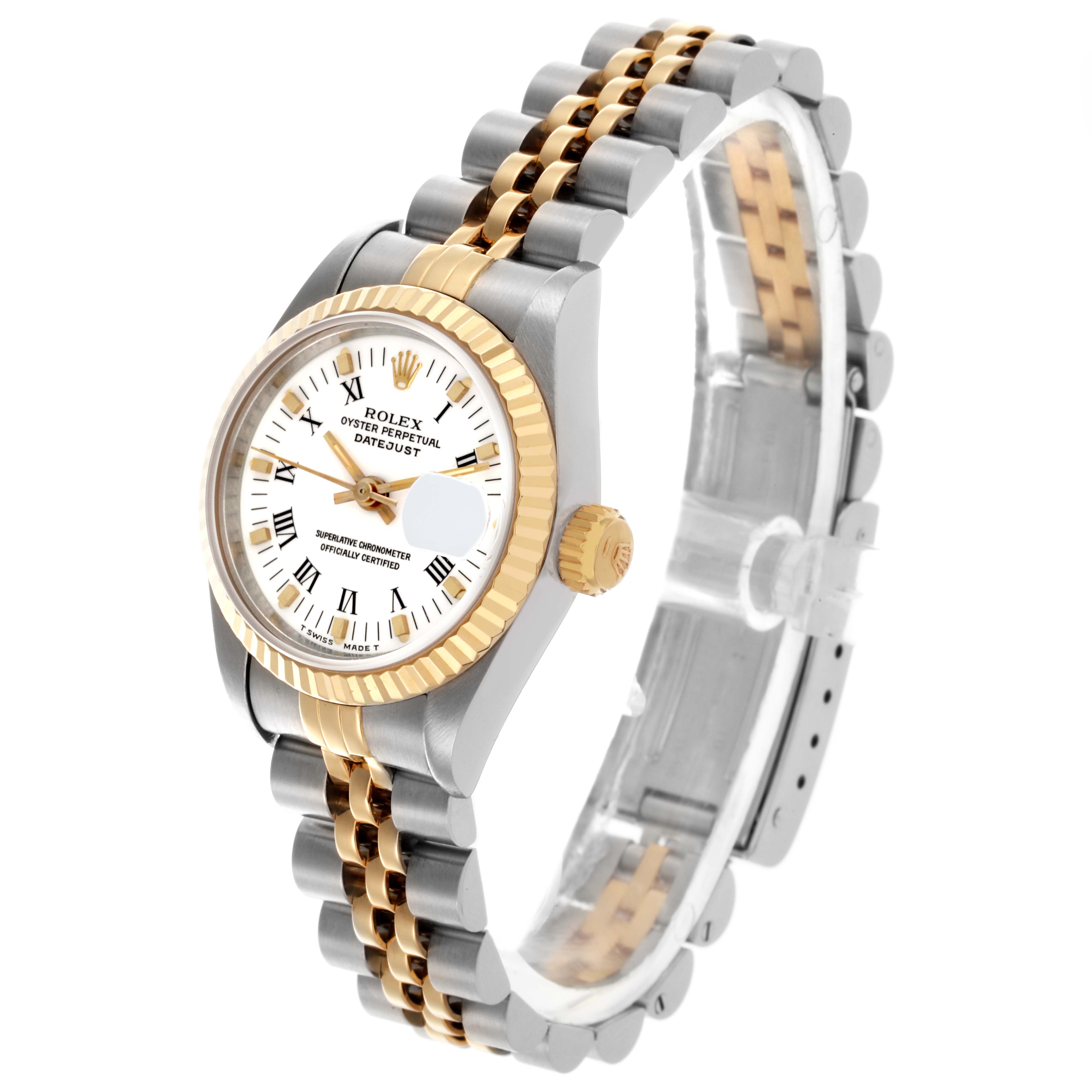 The Rolex Datejust 69173 Women's Steel and Gold (two tone) White Dial 69173 Women's Steel and Gold (two tone) White Dial watch is shown at a three-quarter angle featuring the face, fluted bezel, and bicolored Jubilee bracelet.