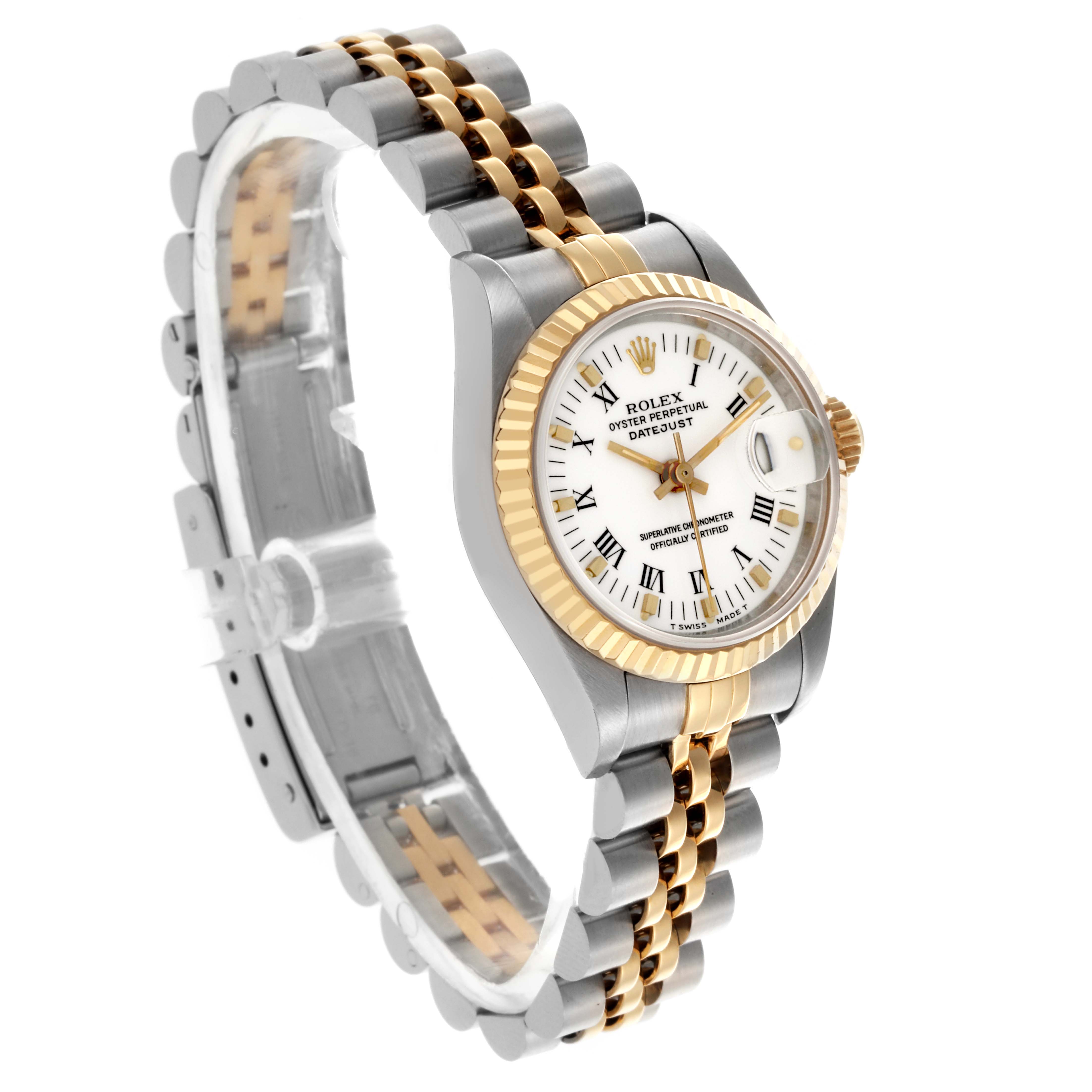 The Rolex Datejust 69173 Women's Steel and Gold (two tone) White Dial 69173 Women's Steel and Gold (two tone) White Dial watch is shown at a three-quarter angle, displaying the dial, fluted bezel, and Jubilee bracelet.