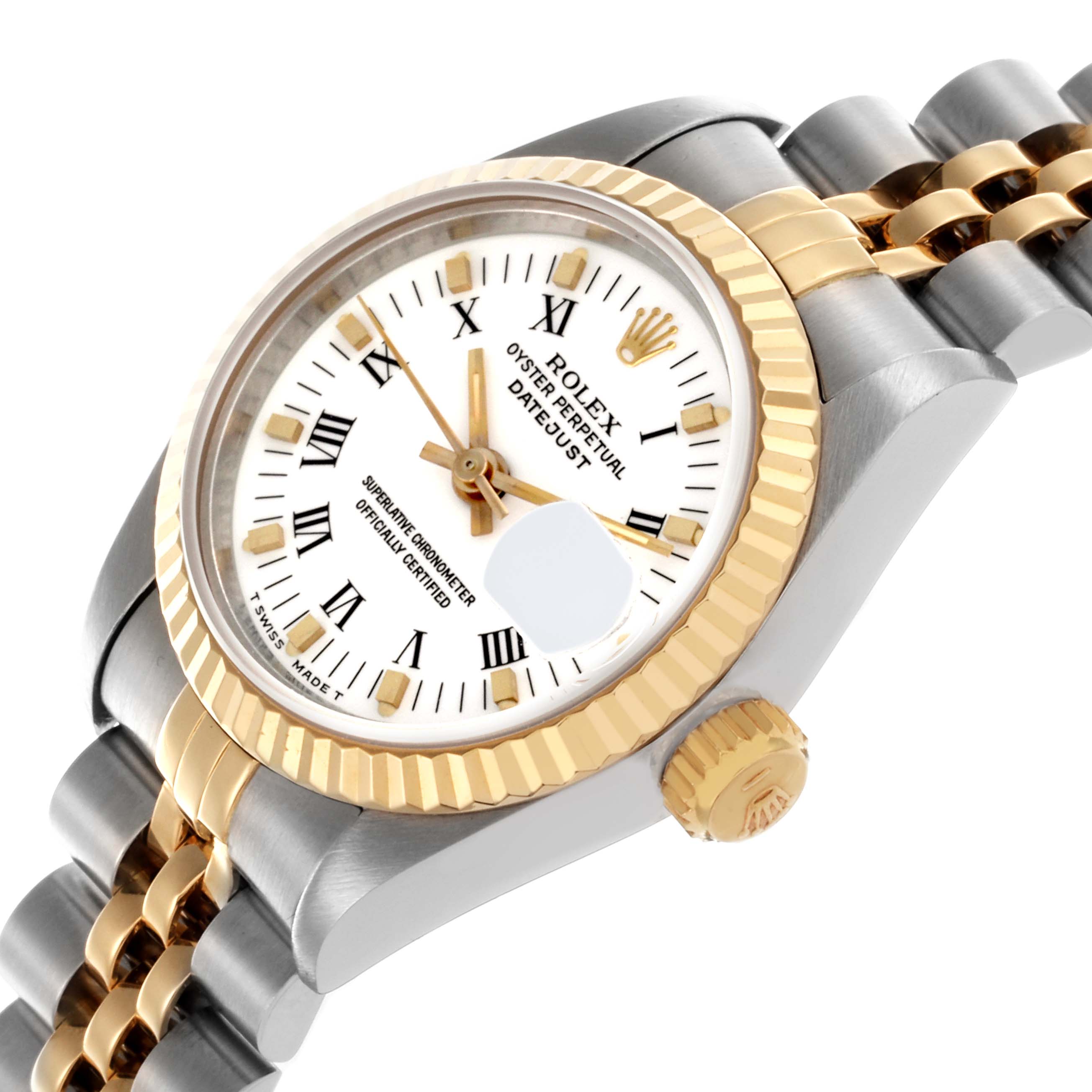 The Rolex Datejust 69173 Women's Steel and Gold (two tone) White Dial 69173 Women's Steel and Gold (two tone) White Dial watch is shown at a tilted angle highlighting its dial, bezel, crown, and bracelet.