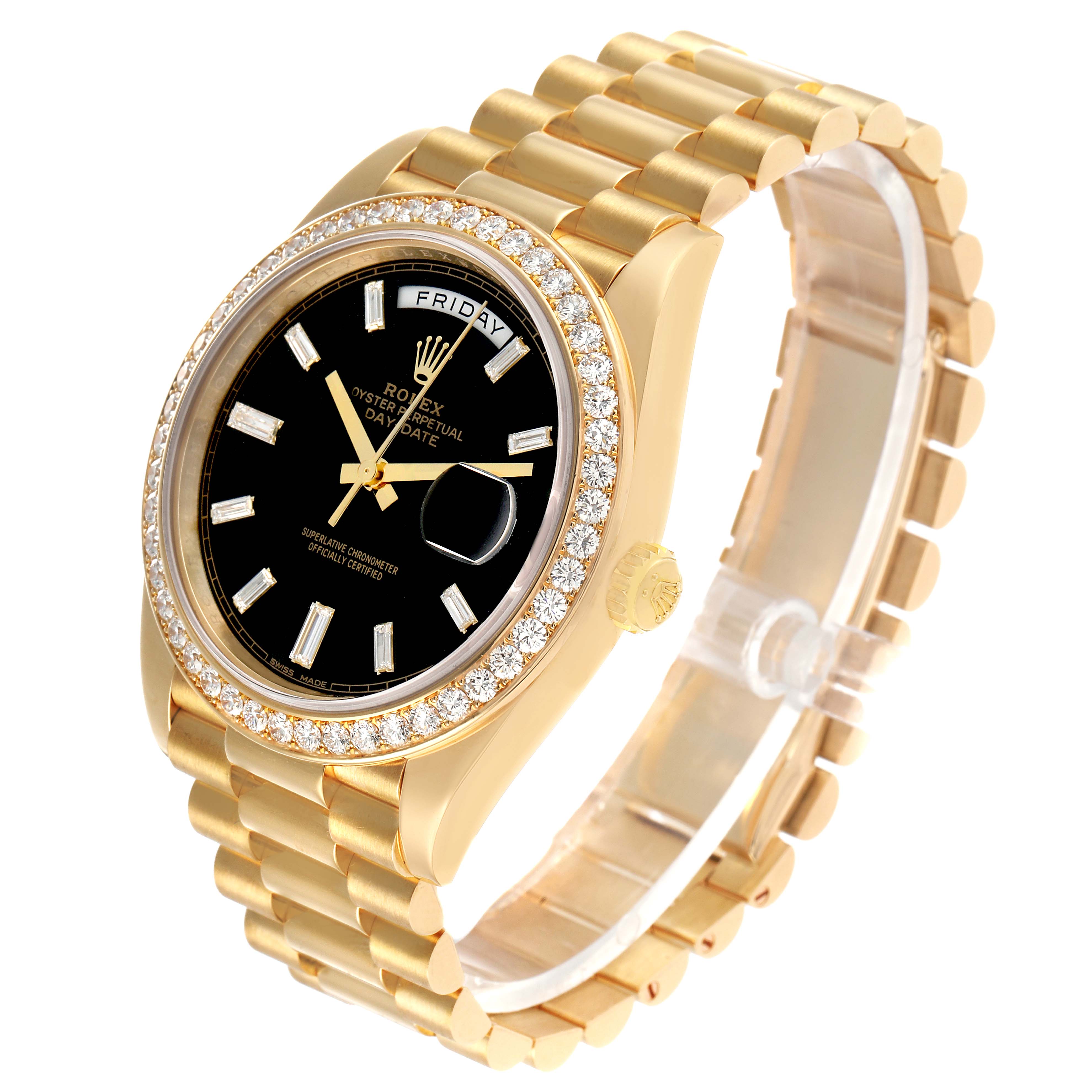 The Rolex President 228348 Men's Yellow Gold Black Dial watch is shown at a three-quarter angle, highlighting the bezel, dial, bracelet, and crown.