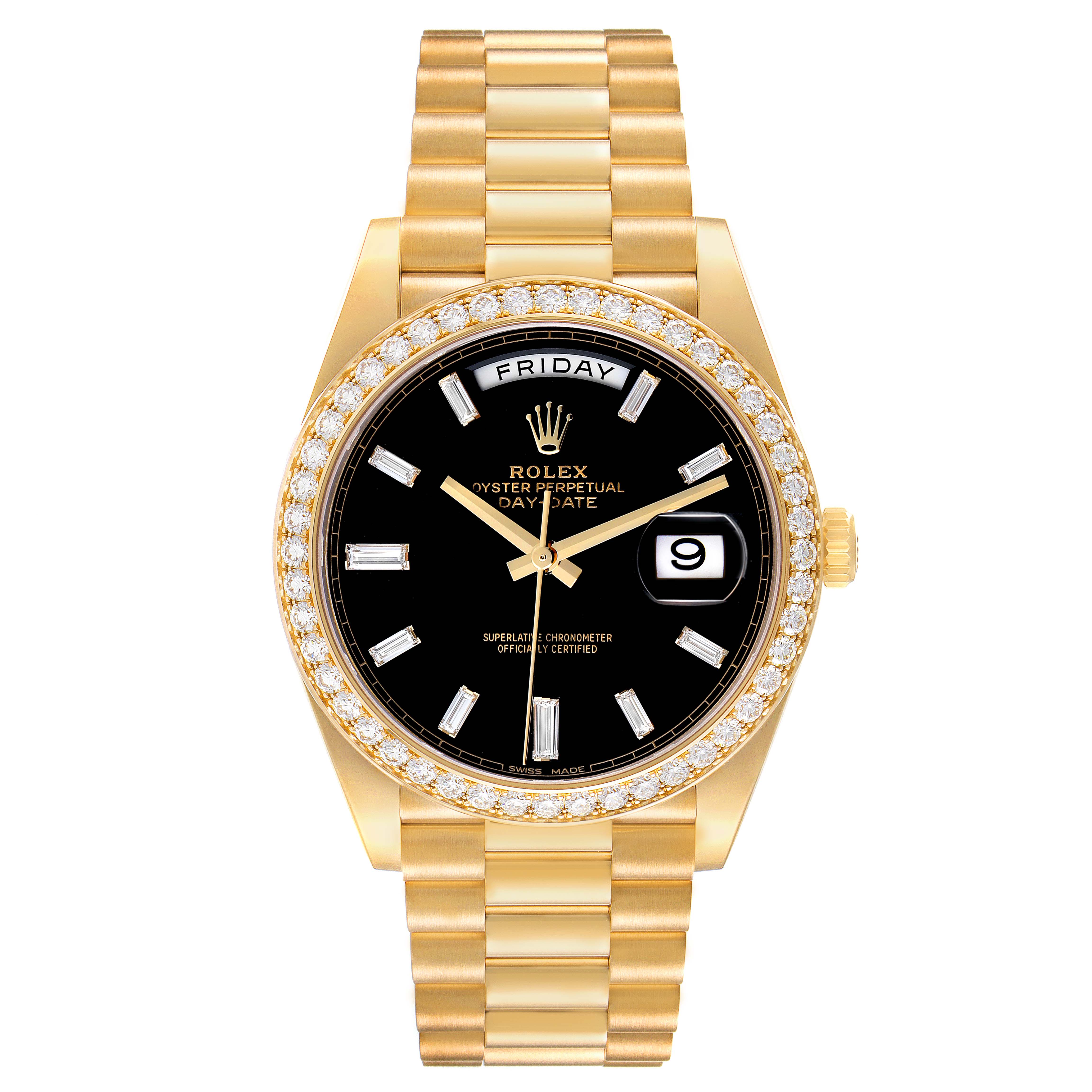 The Rolex President 228348 Men's Yellow Gold Black Dial model watch is shown from the front, displaying the dial, bezel, day, date, and bracelet.
