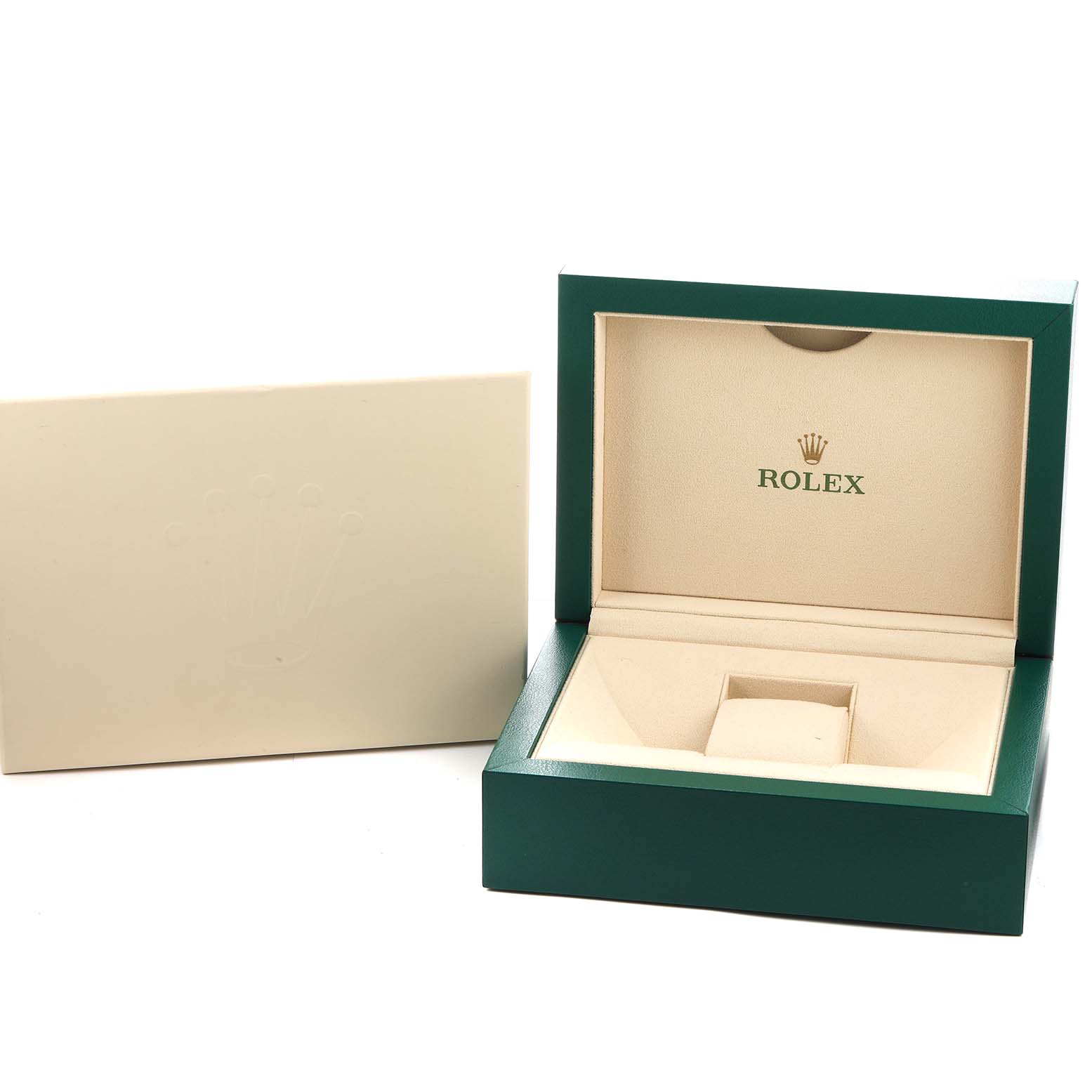 The image shows the open box and outer packaging for the Rolex President 228348 Men's Yellow Gold Black Dial model watch.