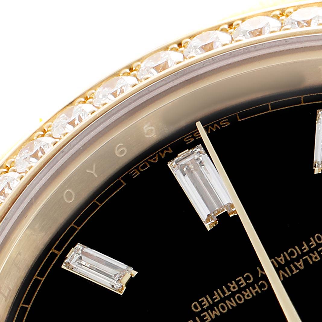 The image shows a close-up of the Rolex President 228348 Men's Yellow Gold Black Dial watch's bezel with diamonds, part of the dial, and hour markers.