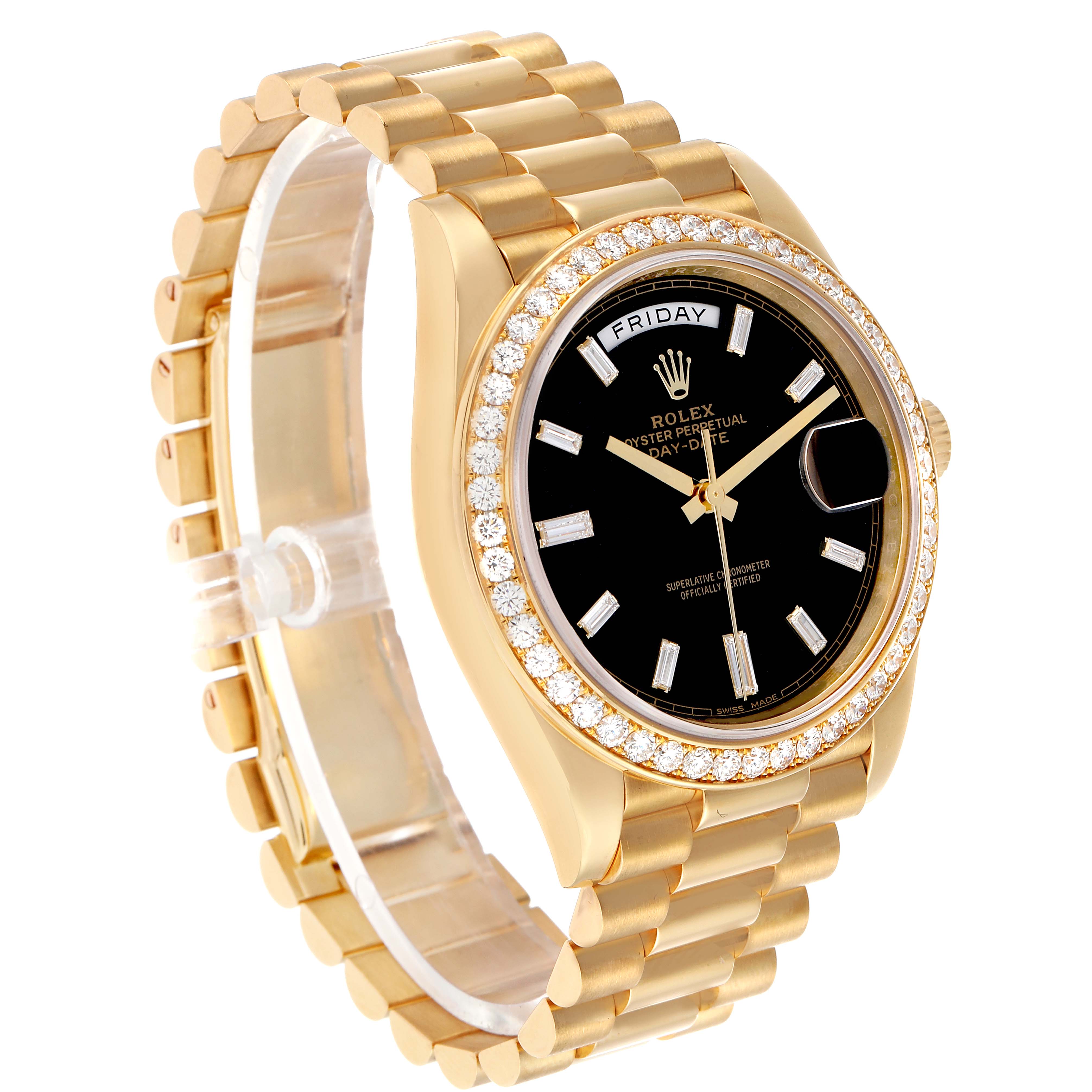 The Rolex President 228348 Men's Yellow Gold Black Dial model is shown at a three-quarter angle, featuring a gold bracelet, diamond bezel, and a black dial with day and date displays.