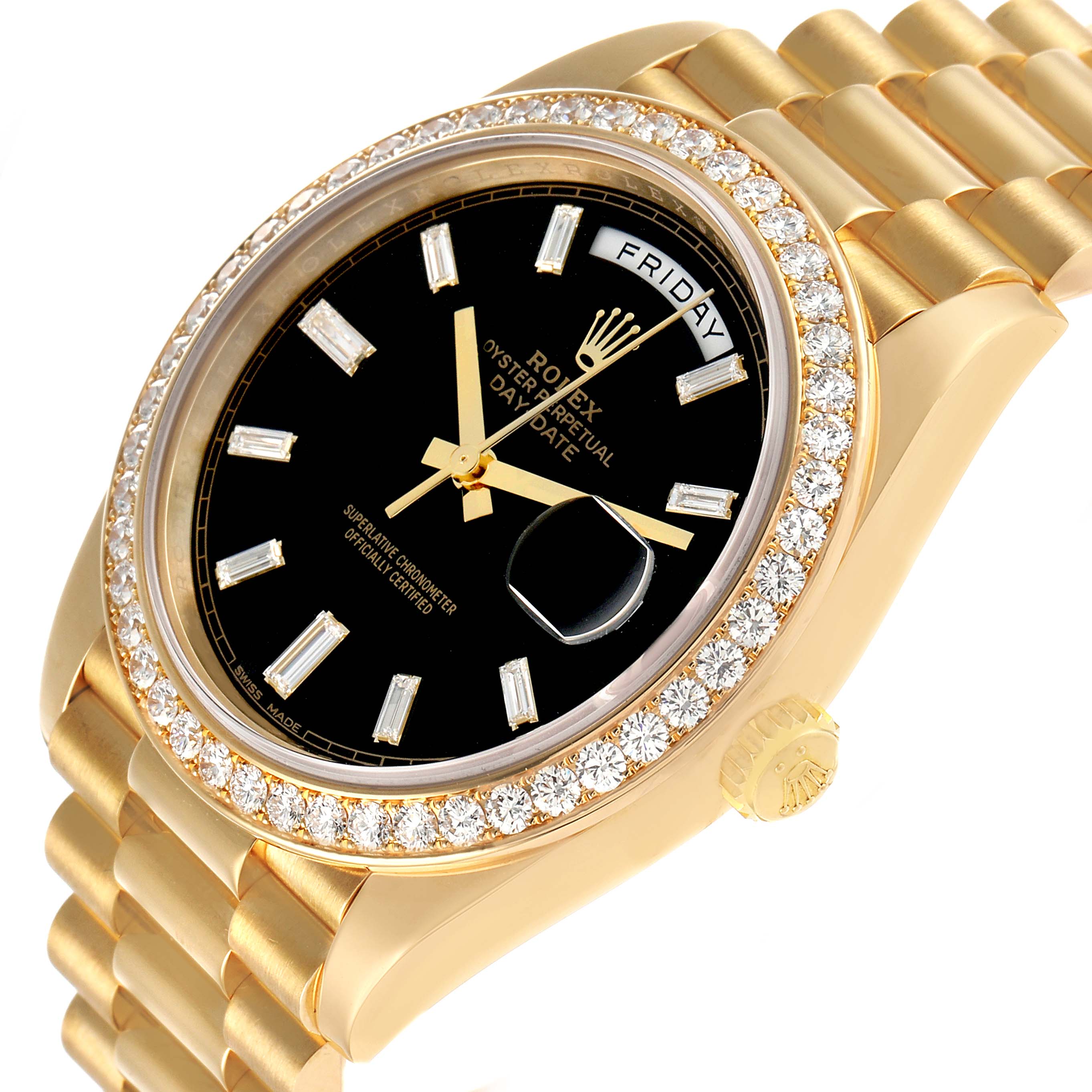 The Rolex President 228348 Men's Yellow Gold Black Dial model watch is shown at a slight angle, highlighting the black dial, diamond bezel, and gold bracelet.