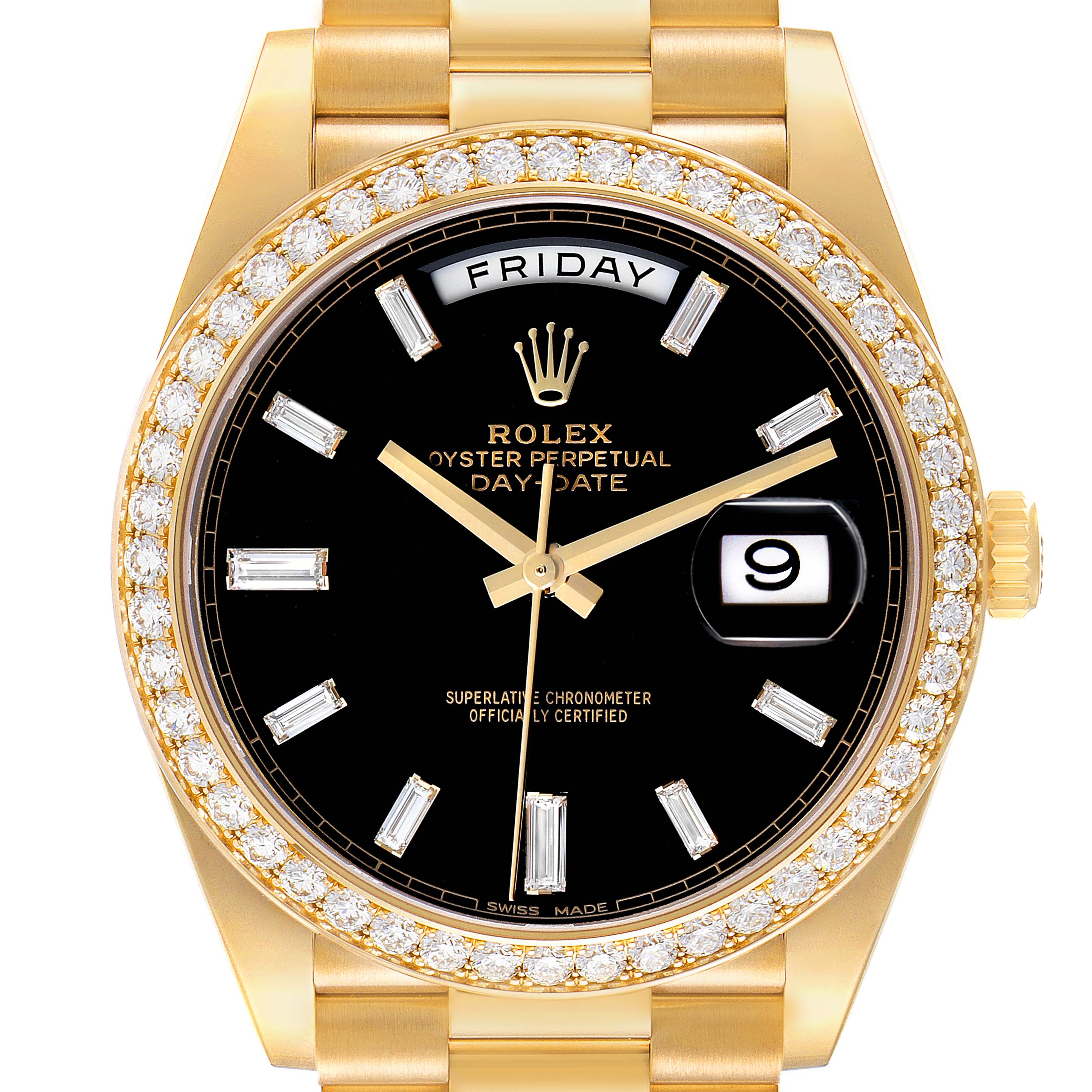 The Rolex President 228348 Men's Yellow Gold Black Dial model is shown from a top view, highlighting the dial, diamond bezel, day-date display, and bracelet.