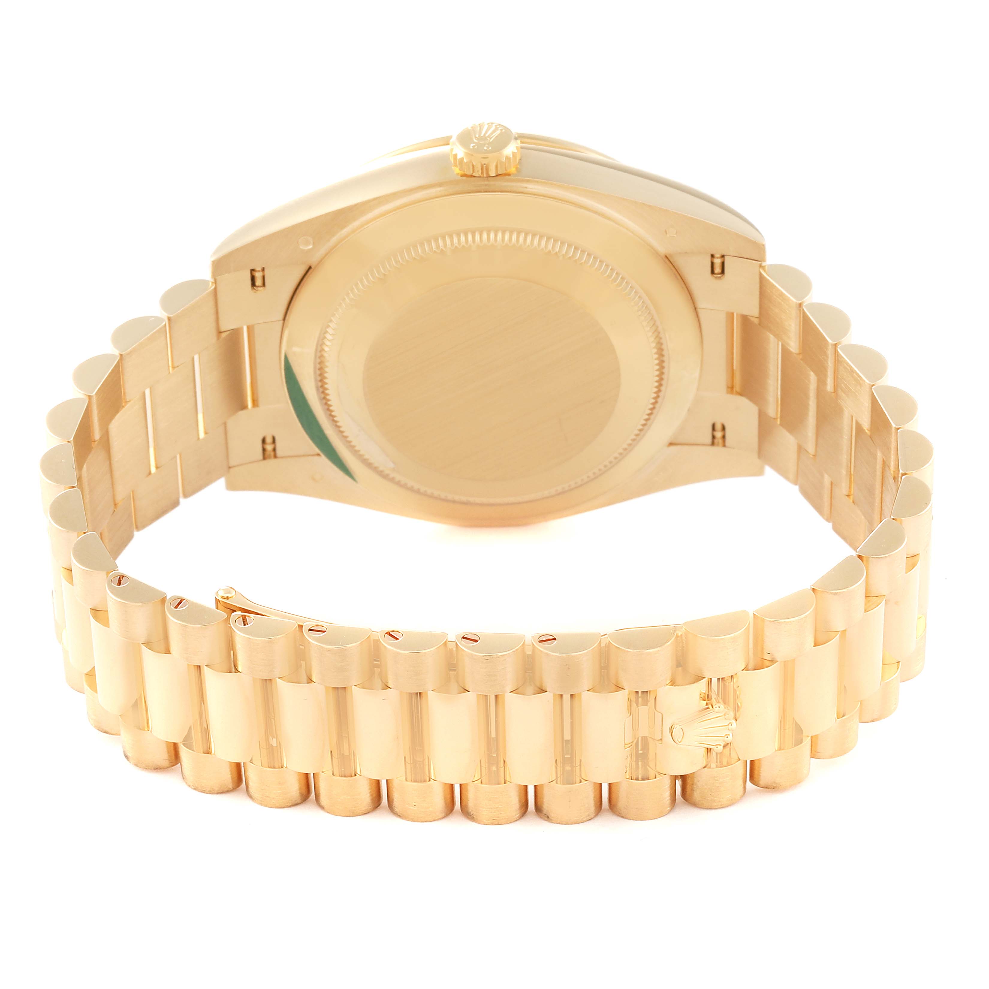 This image shows the back case and bracelet of the Rolex President 228348RBR Men's Yellow Gold Champagne Dial 228348RBR Men's Yellow Gold Champagne Dial model watch from a rear angle.