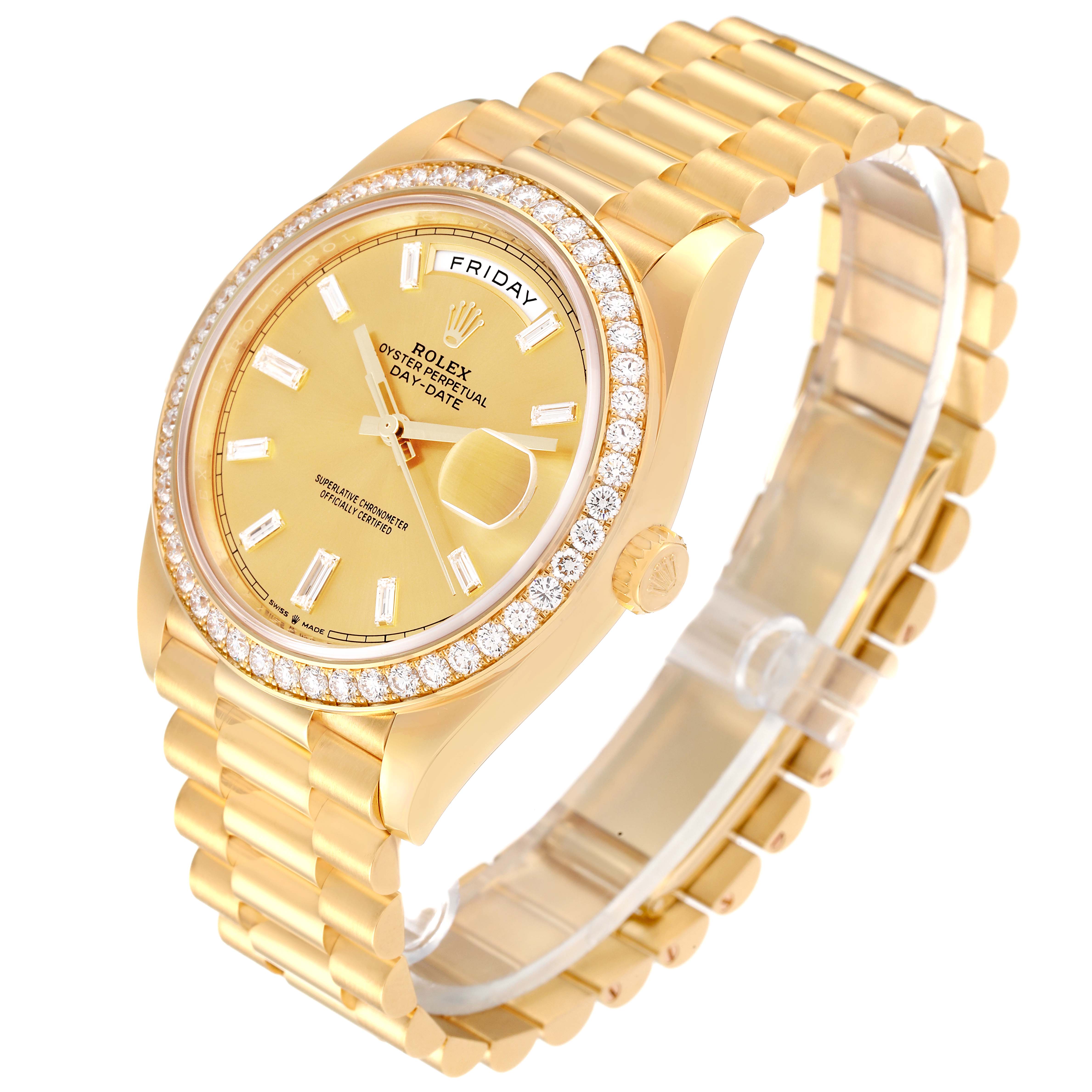 The Rolex President 228348RBR Men's Yellow Gold Champagne Dial 228348RBR Men's Yellow Gold Champagne Dial model watch is shown at an angled view, displaying its face, bezel, band, and crown.