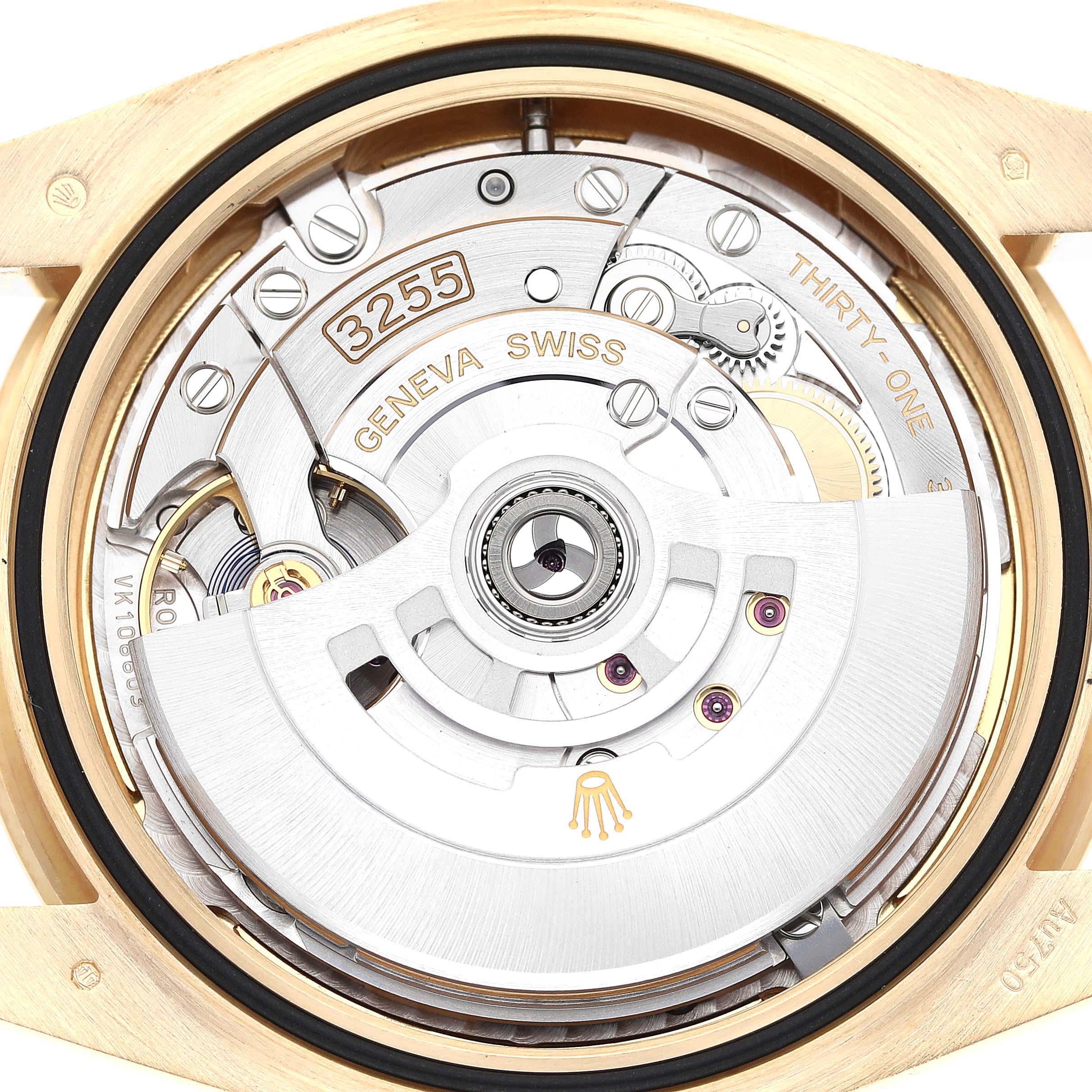 This image shows the detailed movement mechanism of a Rolex President 228348RBR Men's Yellow Gold Champagne Dial 228348RBR Men's Yellow Gold Champagne Dial model watch from the back.