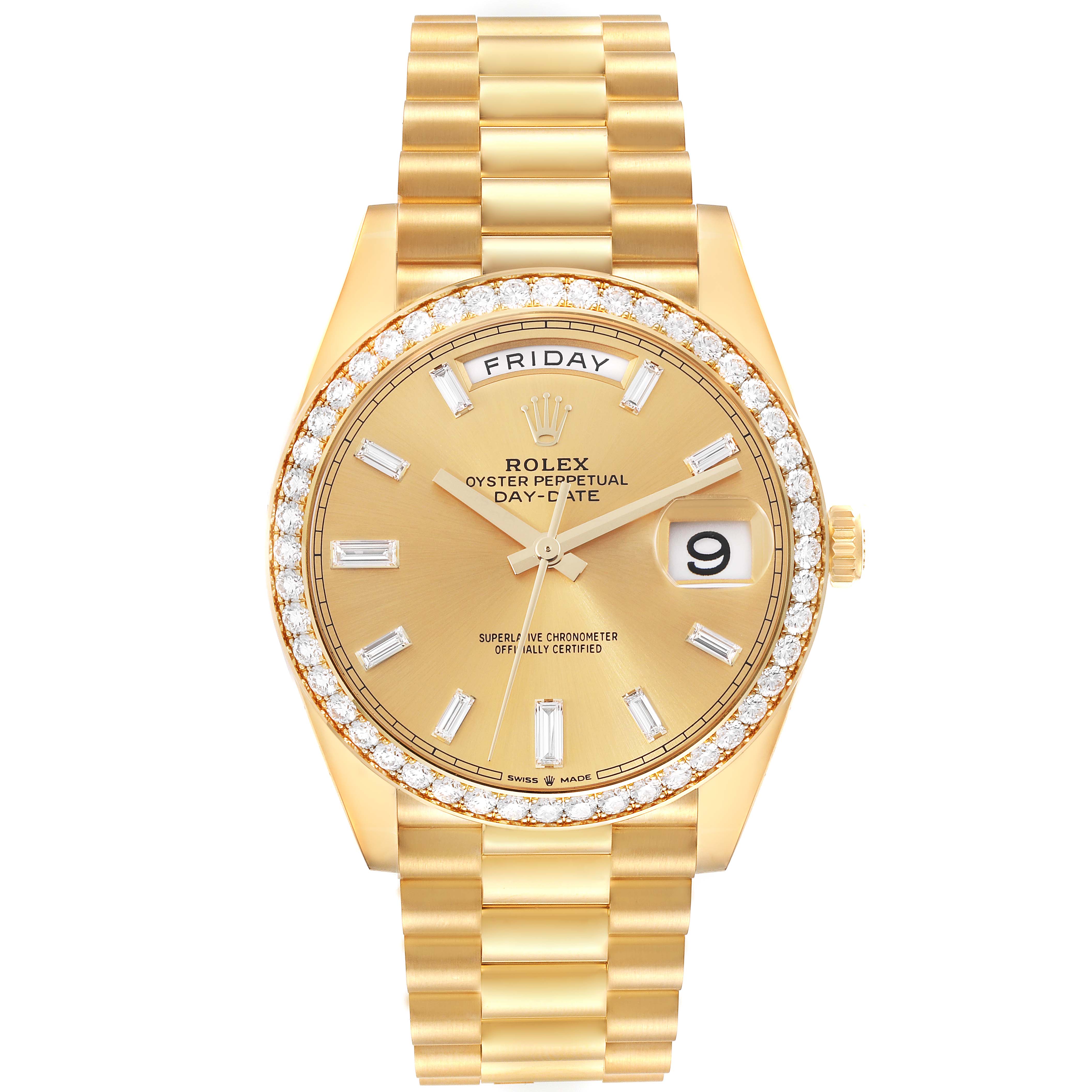 This image shows a frontal view of the Rolex President 228348RBR Men's Yellow Gold Champagne Dial 228348RBR Men's Yellow Gold Champagne Dial model watch, displaying its gold band, diamond bezel, dial, and day-date functions.