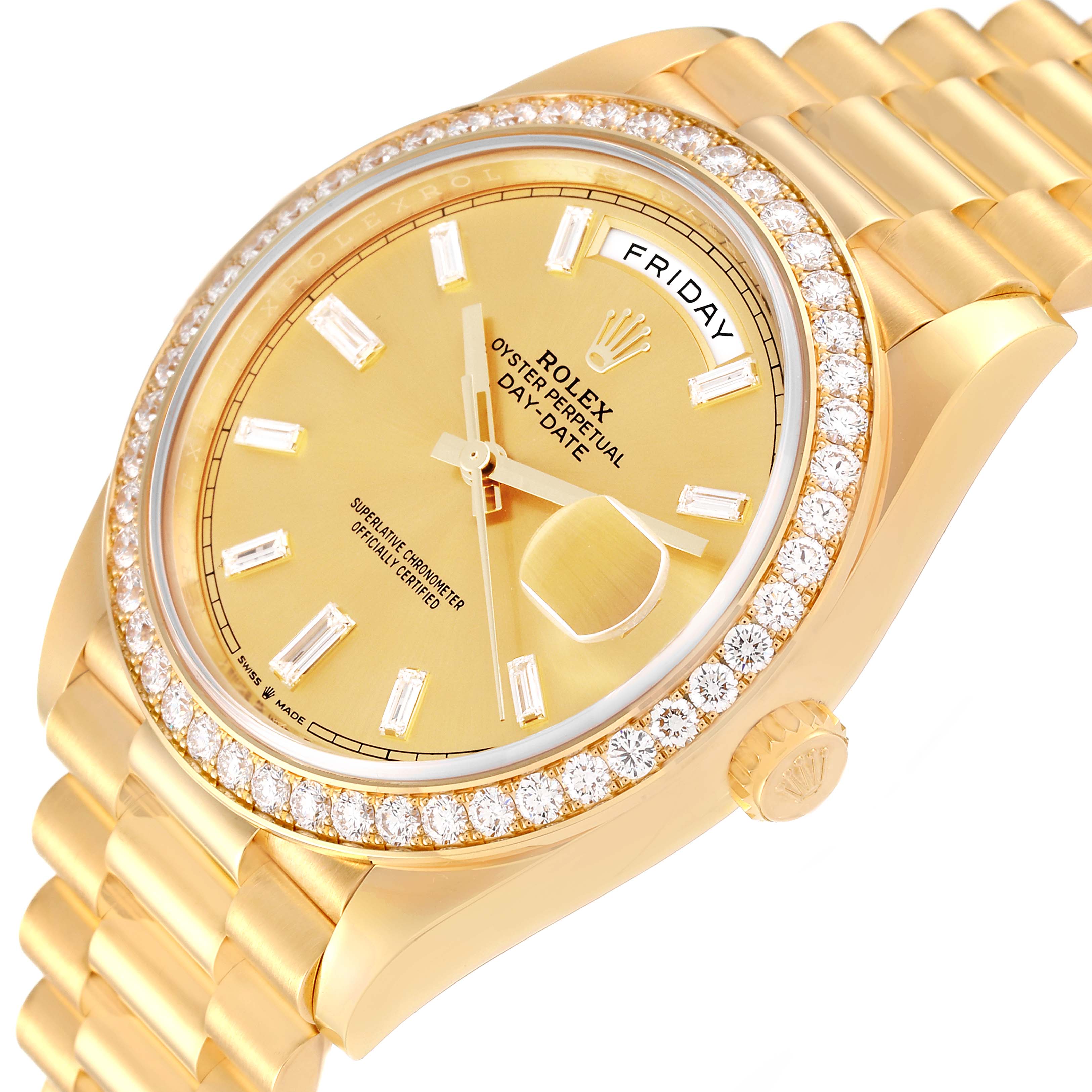This image shows a side view of a gold Rolex President 228348RBR Men's Yellow Gold Champagne Dial 228348RBR Men's Yellow Gold Champagne Dial model watch, detailing its dial, bracelet, and diamond-encrusted bezel.