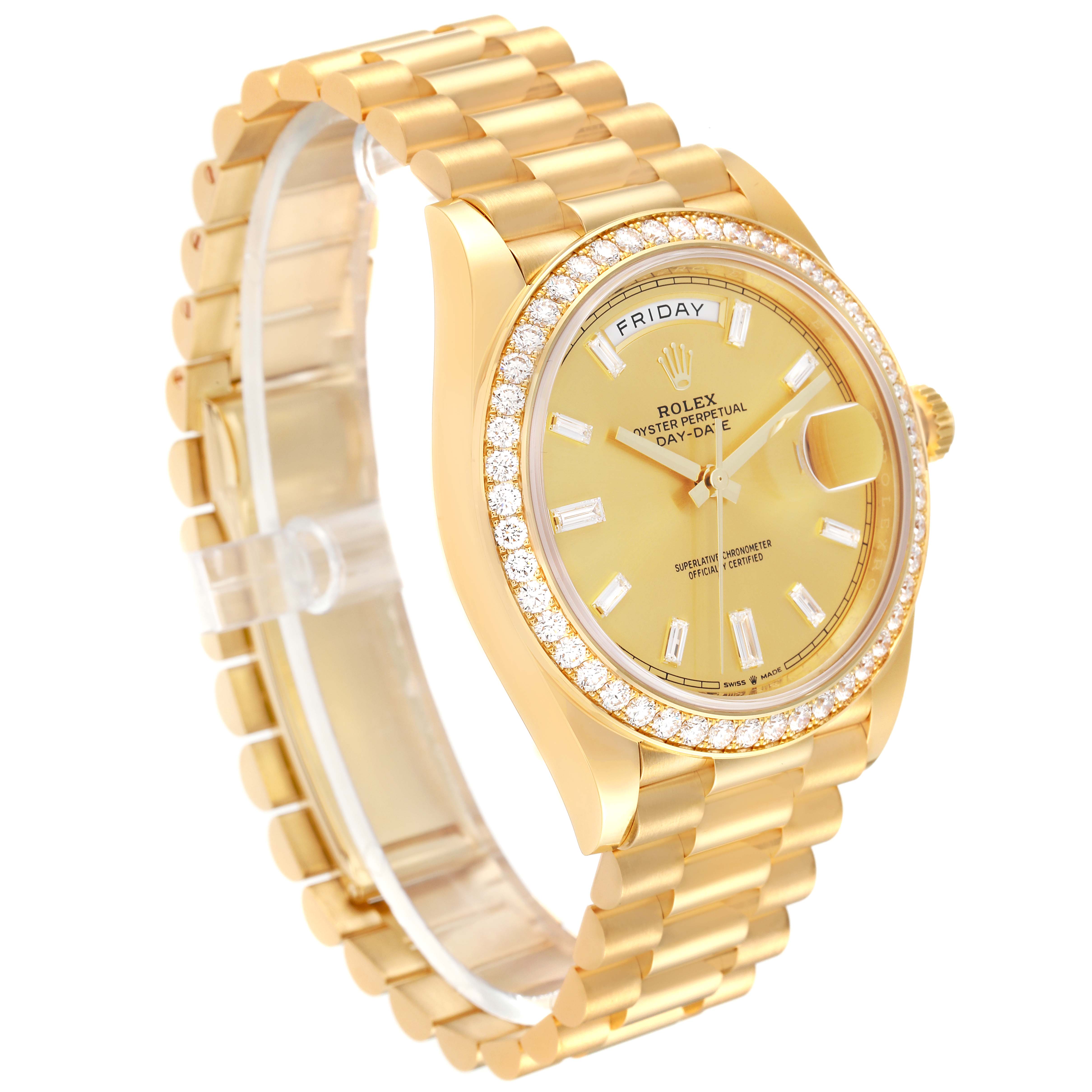 The image shows a side view of a Rolex President 228348RBR Men's Yellow Gold Champagne Dial 228348RBR Men's Yellow Gold Champagne Dial model watch, revealing the dial, bezel, bracelet, and part of the crown.