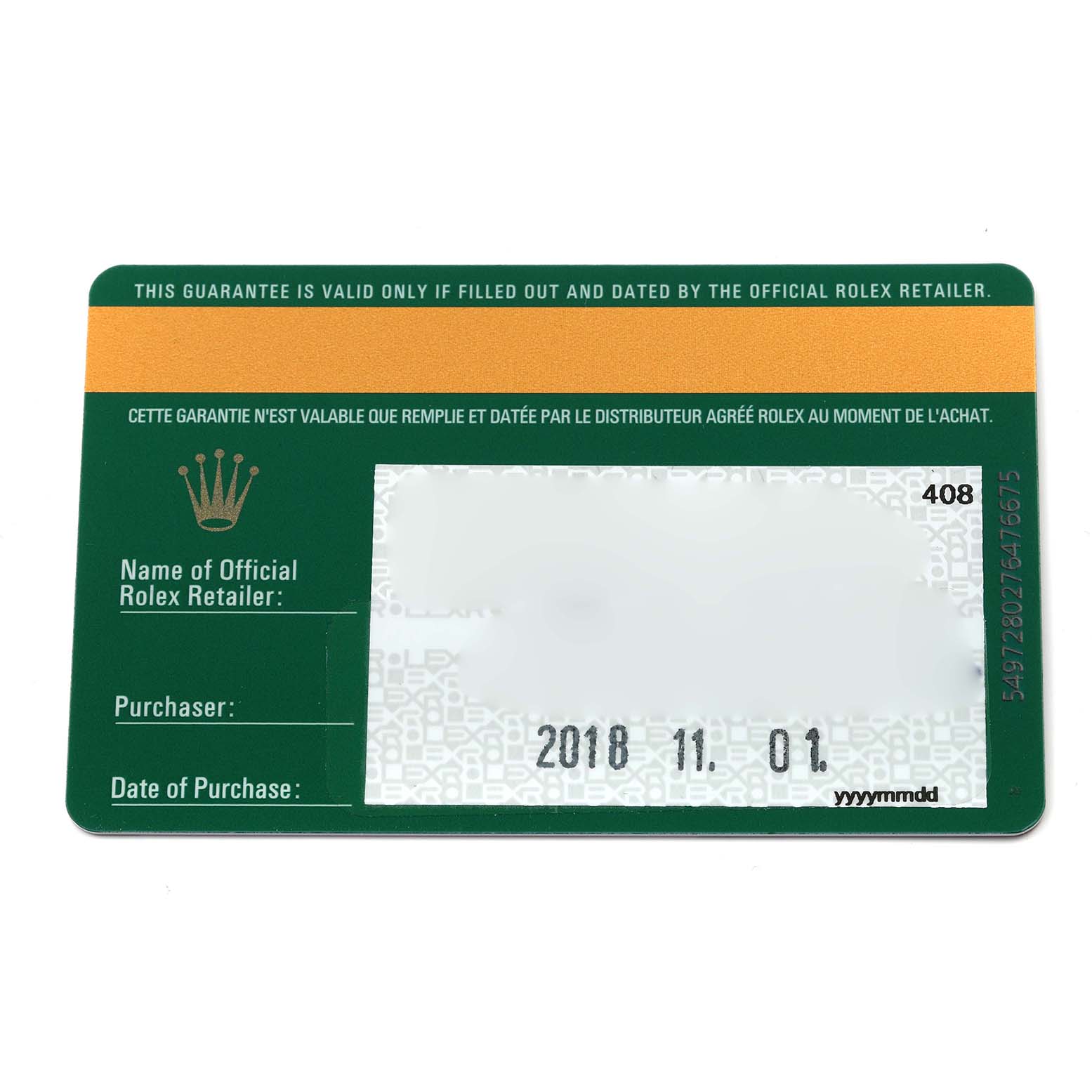 This image shows the warranty card for a Rolex Daytona 116500LN Men's Stainless Steel White Dial 116500LN Men's Stainless Steel White Dial, featuring details like purchase and retailer information.