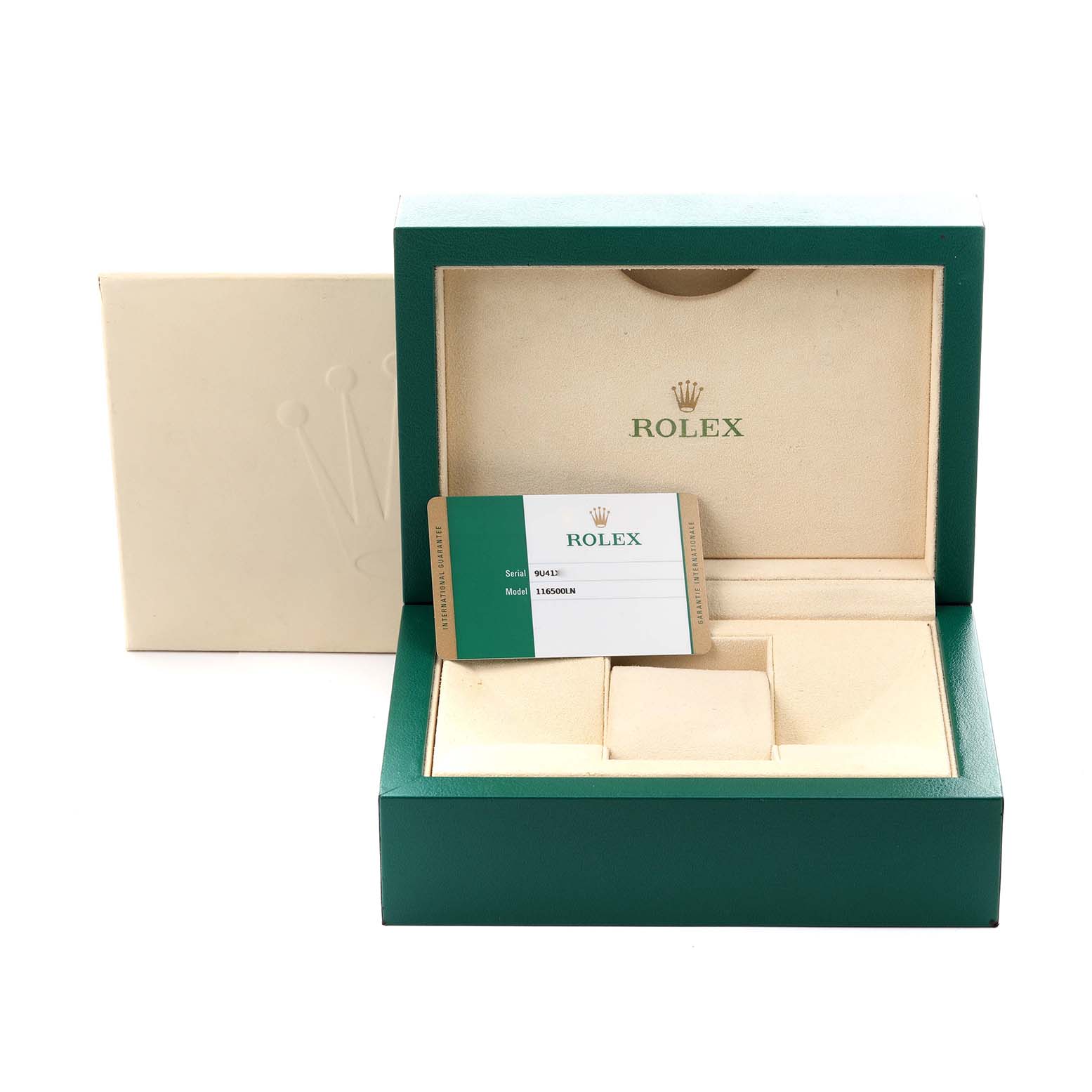 The image shows an open Rolex Daytona 116500LN Men's Stainless Steel White Dial 116500LN Men's Stainless Steel White Dial watch box with a warranty card displayed inside.