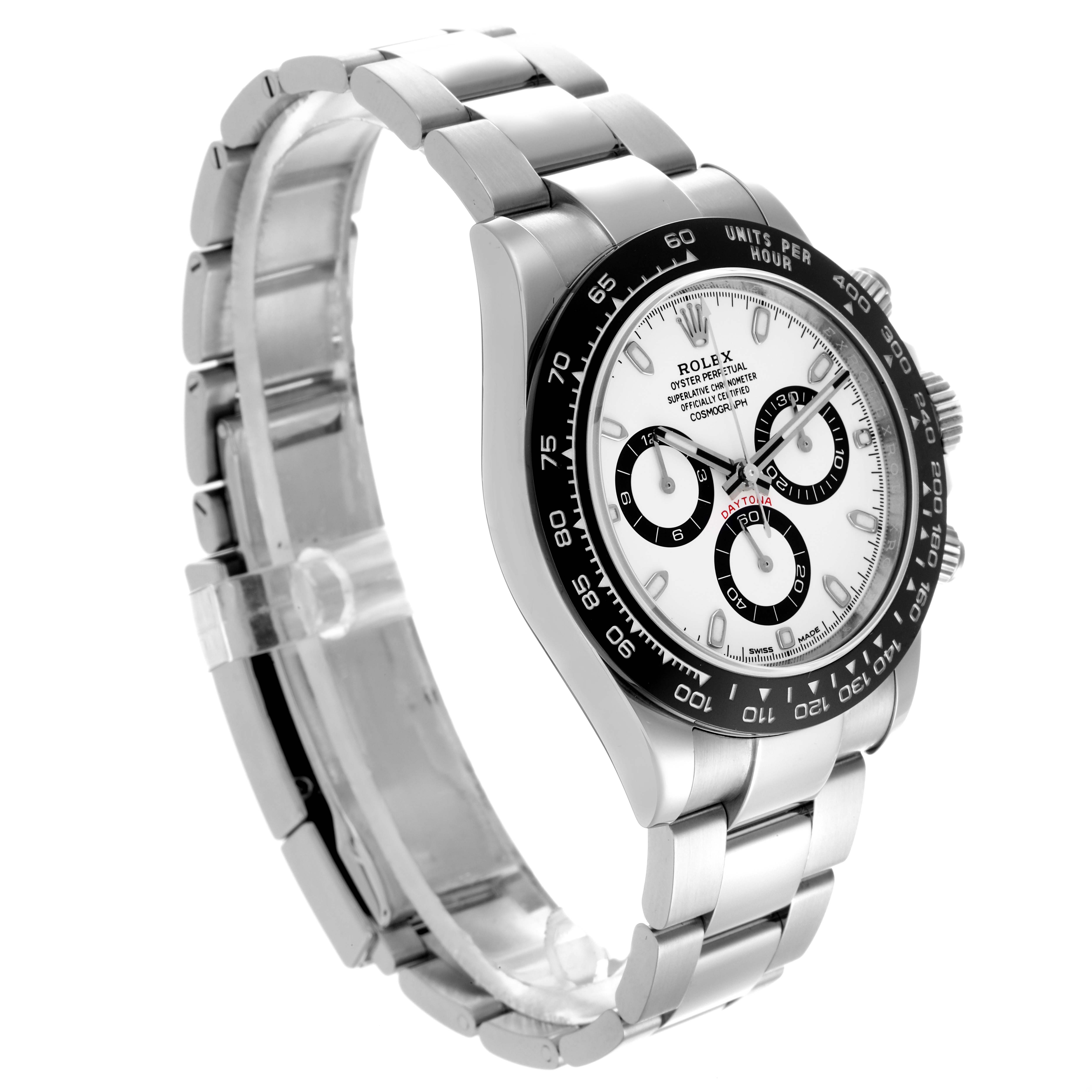 The Rolex Daytona 116500LN Men's Stainless Steel White Dial 116500LN Men's Stainless Steel White Dial watch is shown at a three-quarter angle, highlighting the face, bezel, and bracelet.