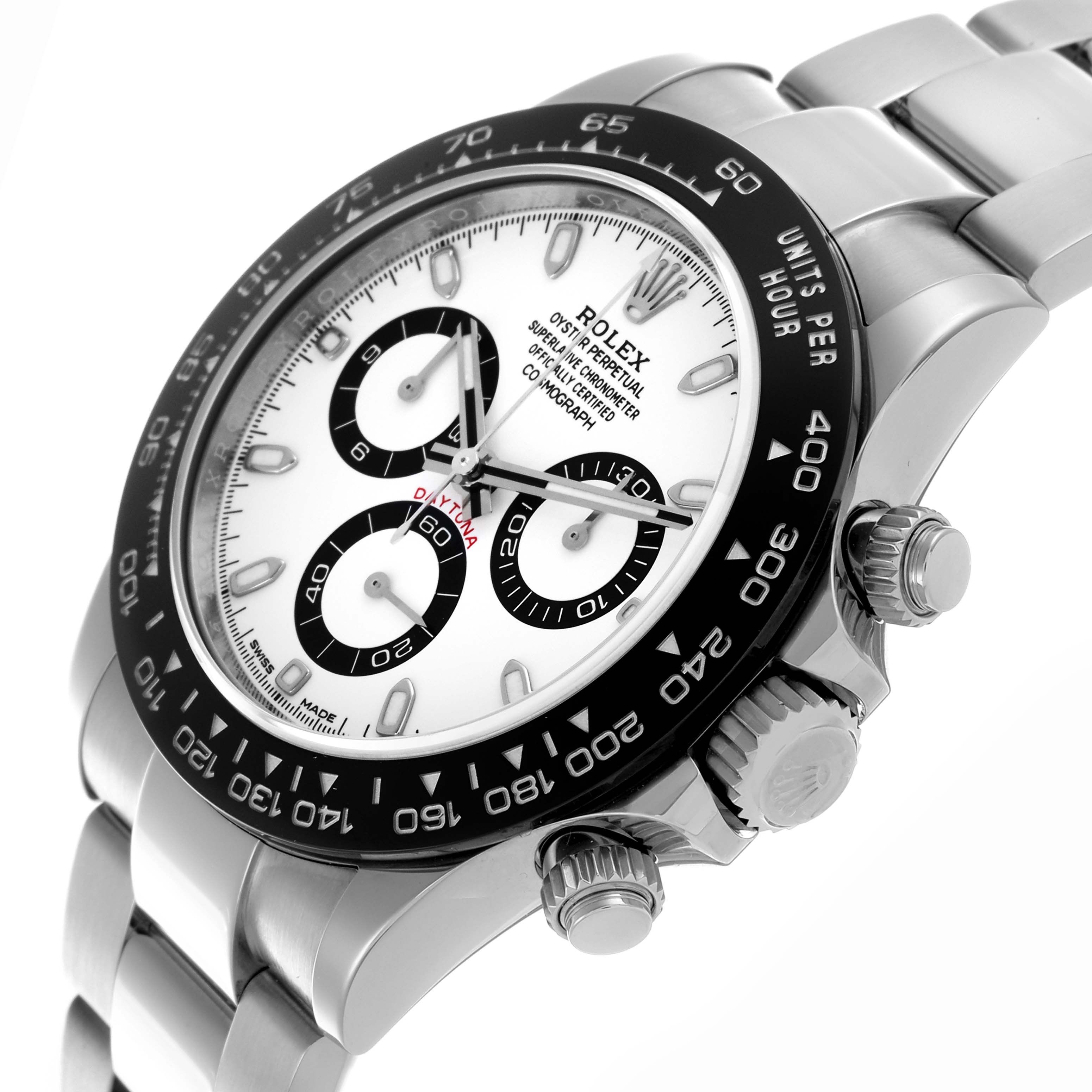 The Rolex Daytona 116500LN Men's Stainless Steel White Dial 116500LN Men's Stainless Steel White Dial watch is shown at a slight angle, highlighting the face, bezel, and side crown.