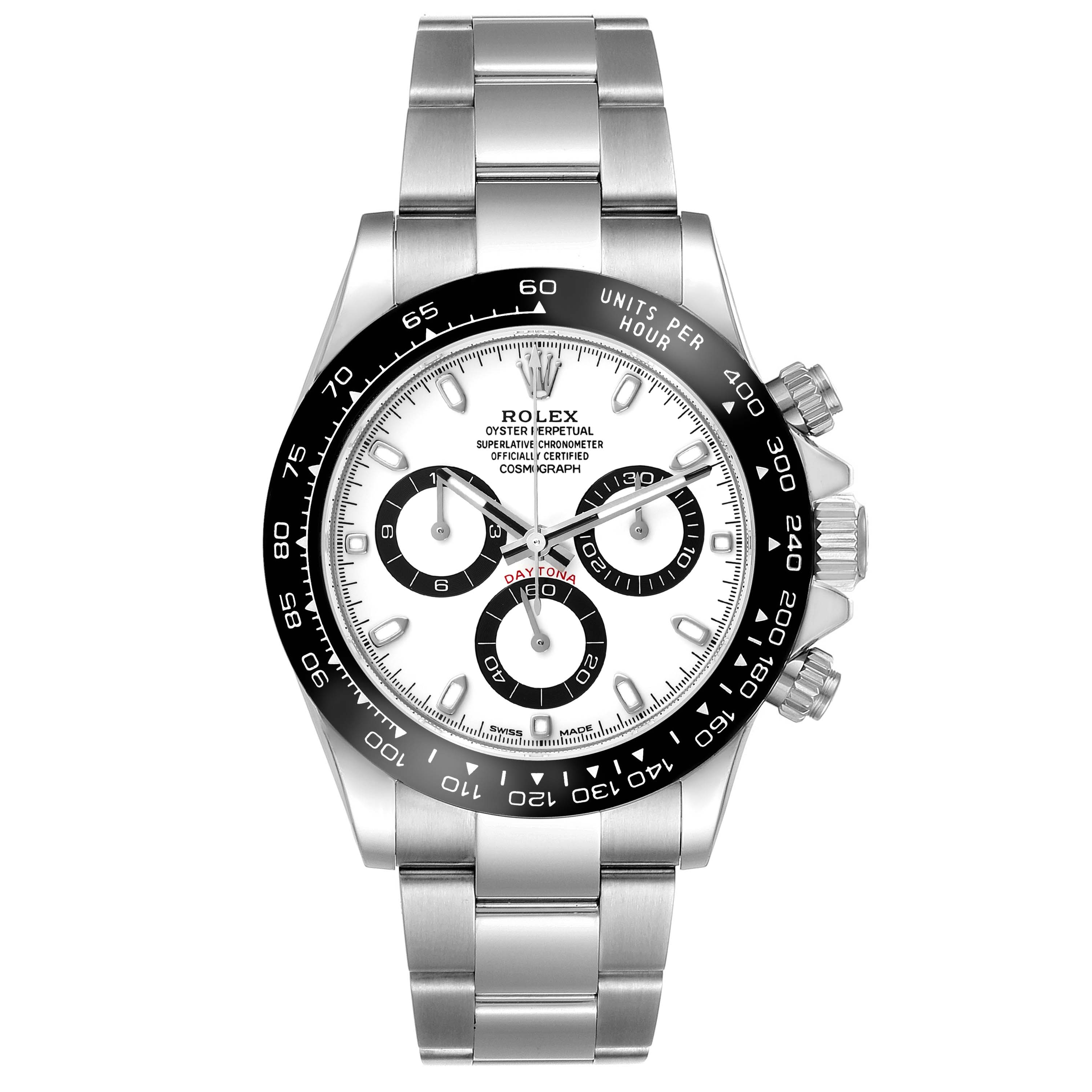 The Rolex Daytona 116500LN Men's Stainless Steel White Dial 116500LN Men's Stainless Steel White Dial watch is shown from the front, displaying the dial, bezel, and bracelet.