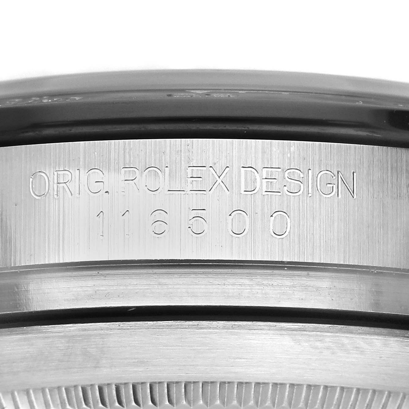 The image shows a close-up of the side casing of the Rolex Daytona 116500LN Men's Stainless Steel White Dial 116500LN Men's Stainless Steel White Dial, displaying its engraved design reference number.