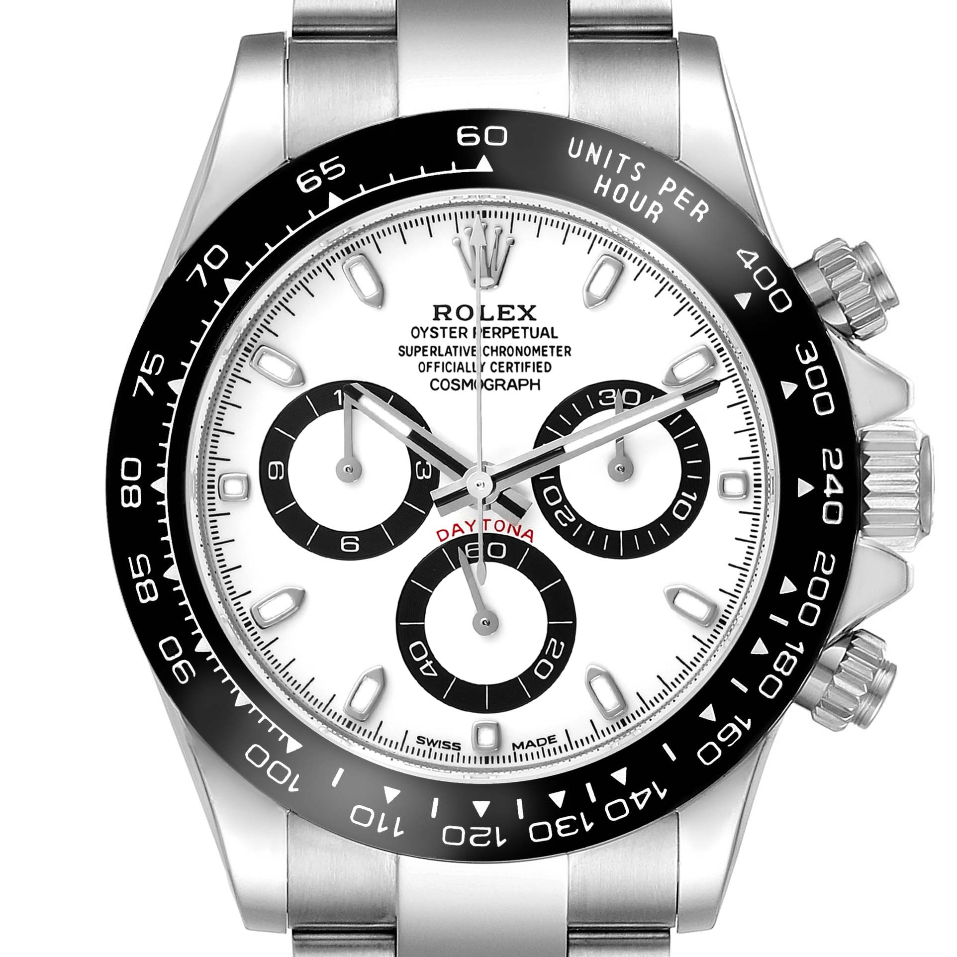 The Rolex Daytona 116500LN Men's Stainless Steel White Dial 116500LN Men's Stainless Steel White Dial watch is shown from the front, displaying the face, bezel, and crown.