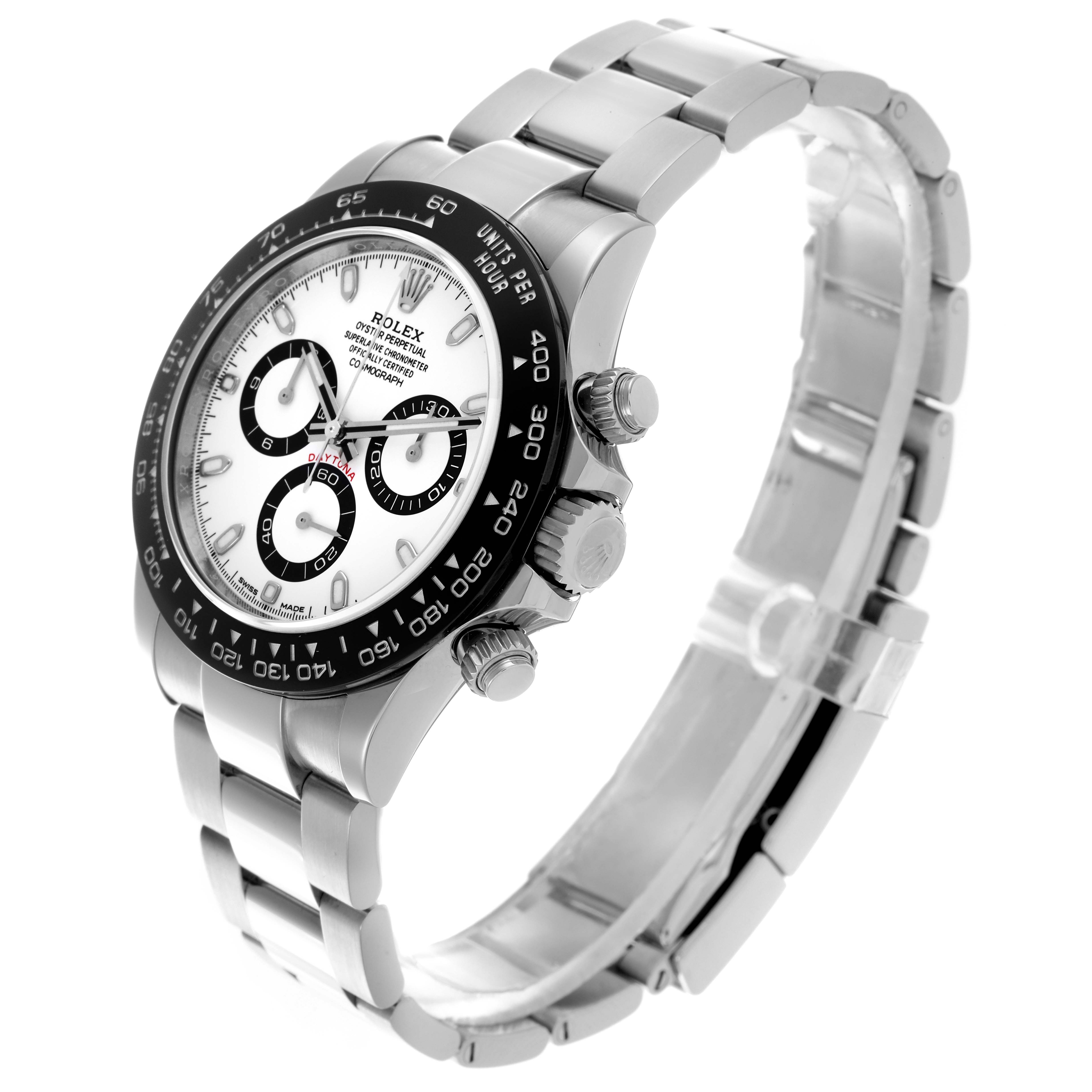 The Rolex Daytona 116500LN Men's Stainless Steel White Dial 116500LN Men's Stainless Steel White Dial watch is shown at an angle highlighting the face, bezel, crown, and part of the bracelet.