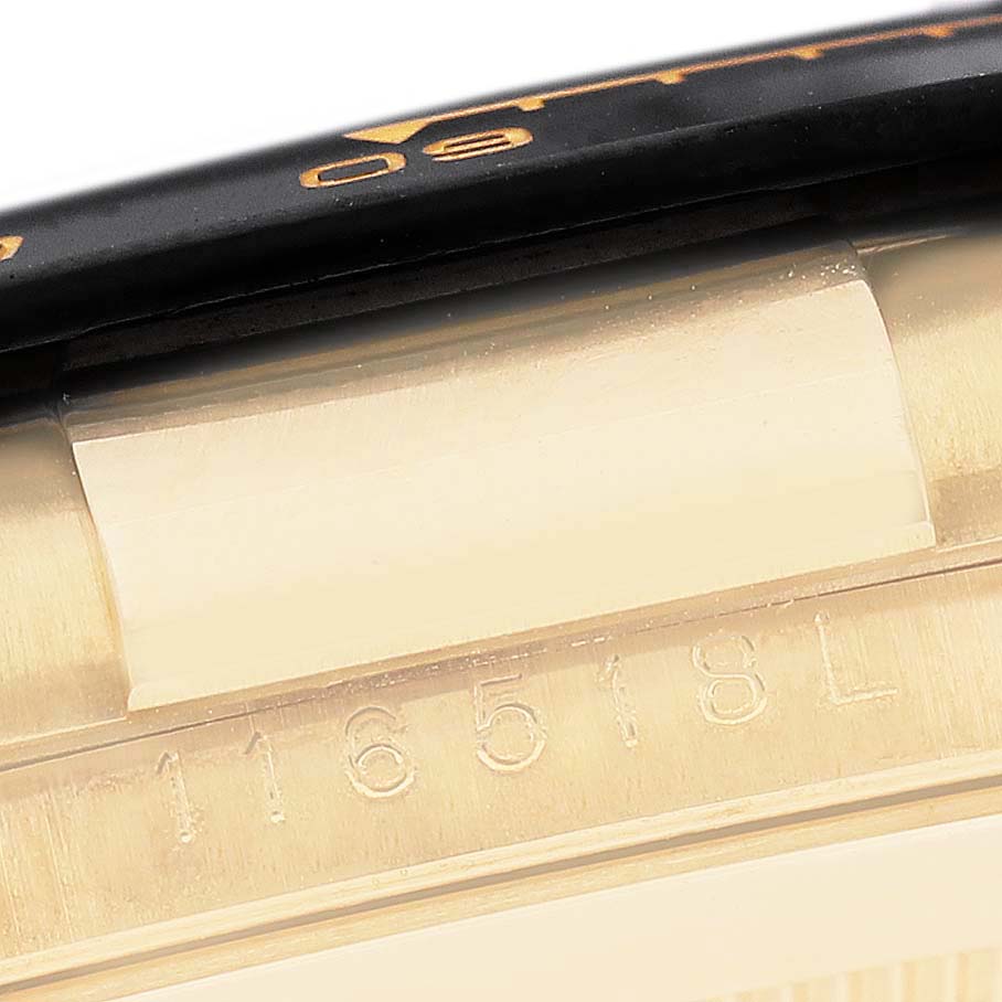 The image shows a close-up of the case and bezel of a Rolex Daytona 116518 Men's Yellow Gold Black Dial 116518 Men's Yellow Gold Black Dial watch, highlighting the model number "116518L".