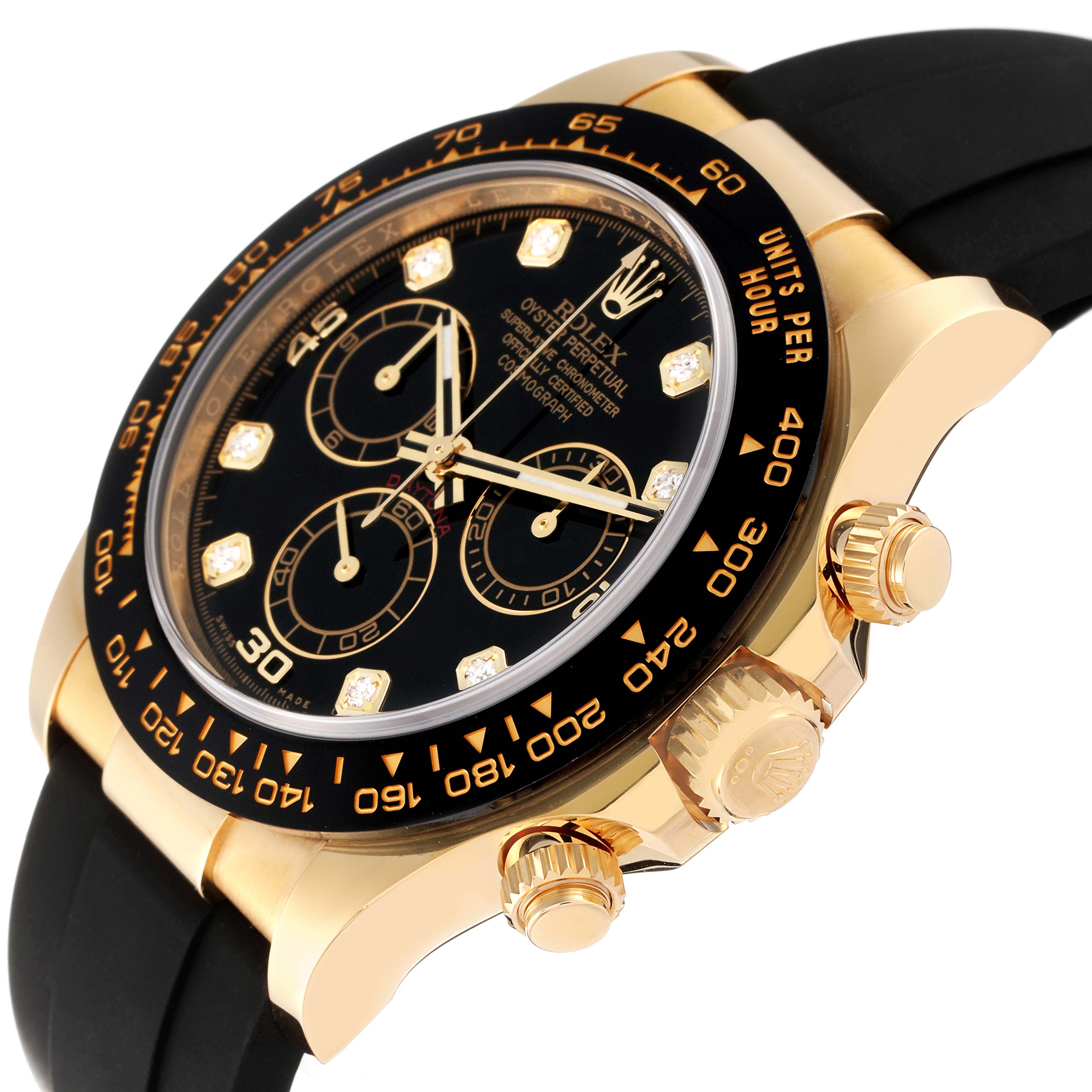 This image shows a close-up, side view of a Rolex Daytona 116518 Men's Yellow Gold Black Dial 116518 Men's Yellow Gold Black Dial watch, highlighting the black dial, bezel, and crown.