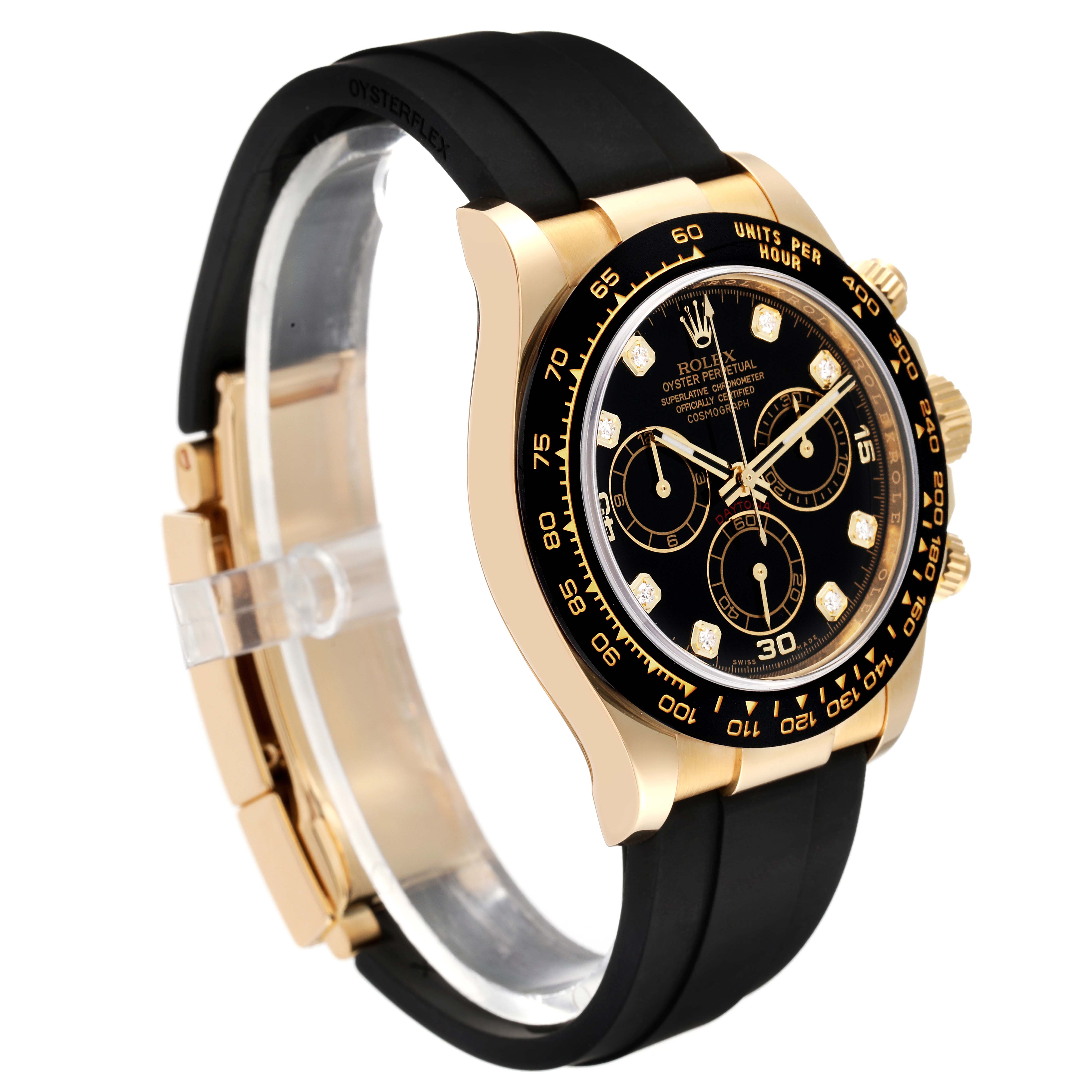 The image shows a side and partial front view of a Rolex Daytona 116518 Men's Yellow Gold Black Dial 116518 Men's Yellow Gold Black Dial watch, highlighting its black dial, chronograph functions, and black strap.