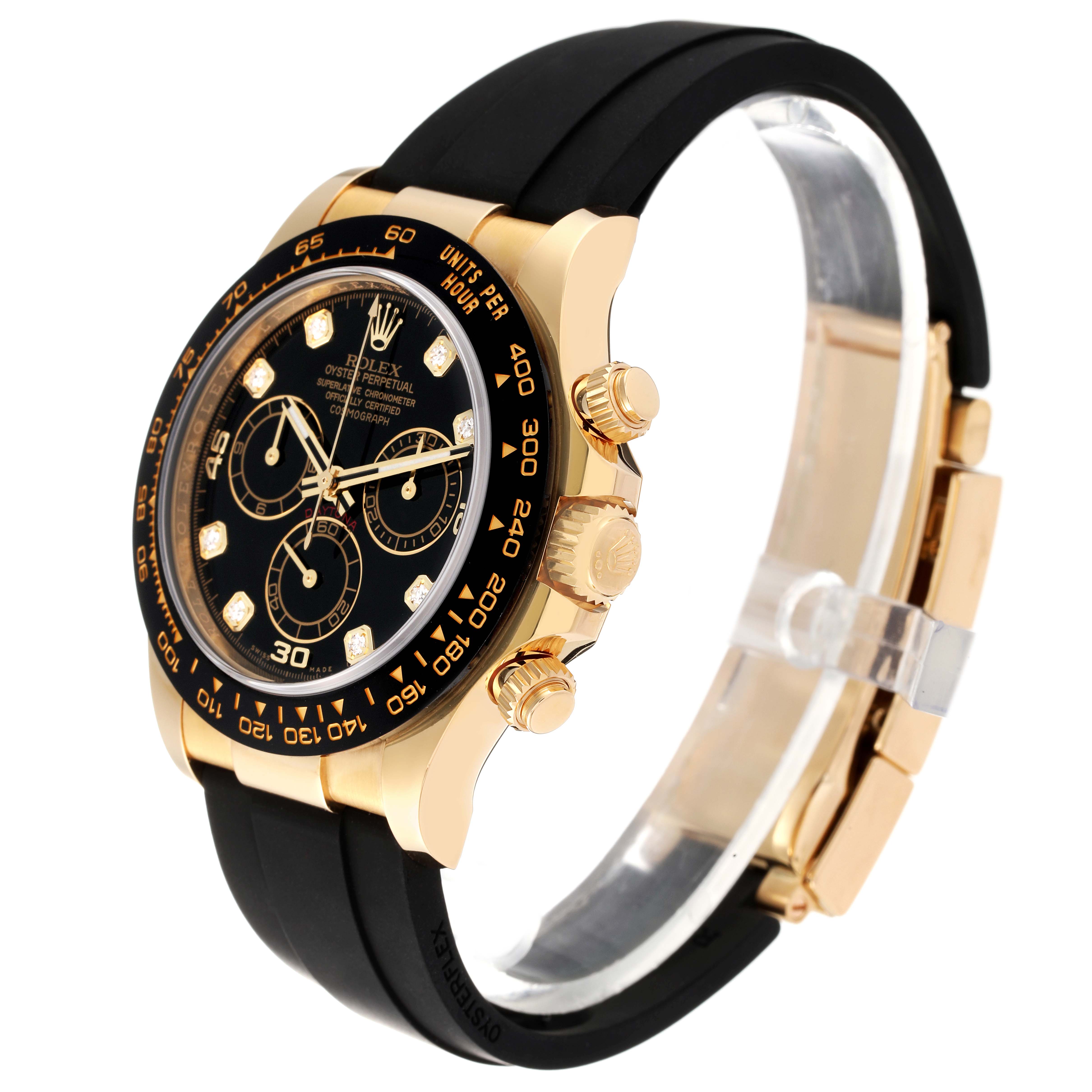 This image shows a Rolex Daytona 116518 Men's Yellow Gold Black Dial 116518 Men's Yellow Gold Black Dial watch at a three-quarter angle, highlighting the dial, bezel, crown, and strap.