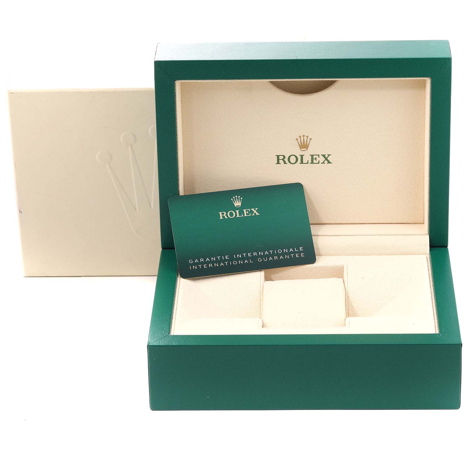 The image shows the open presentation box and international guarantee card for the Rolex Daytona 116518 Men's Yellow Gold Black Dial 116518 Men's Yellow Gold Black Dial watch.
