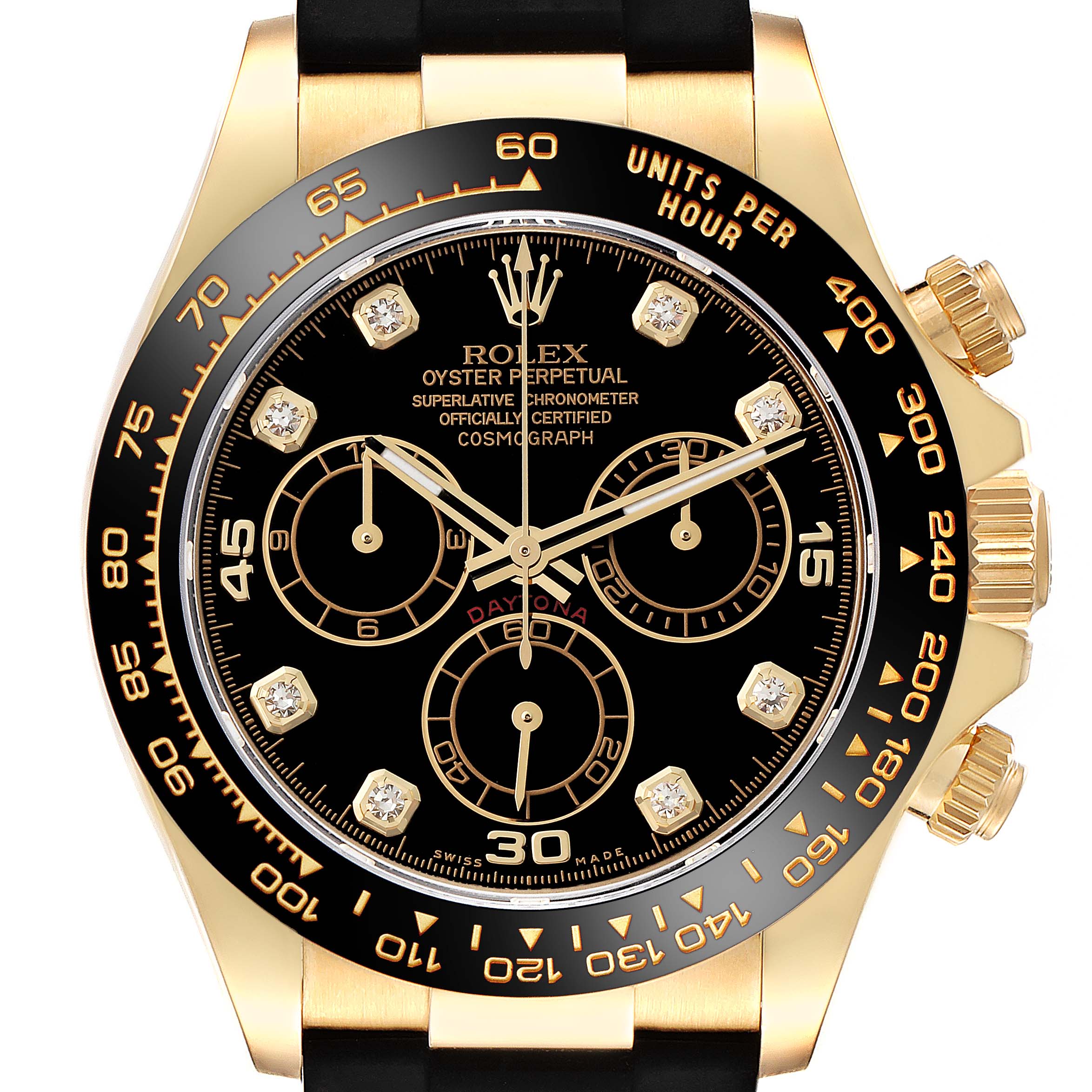 The image shows a front view of a Rolex Daytona 116518 Men's Yellow Gold Black Dial 116518 Men's Yellow Gold Black Dial watch, highlighting its face, bezel, and crown.