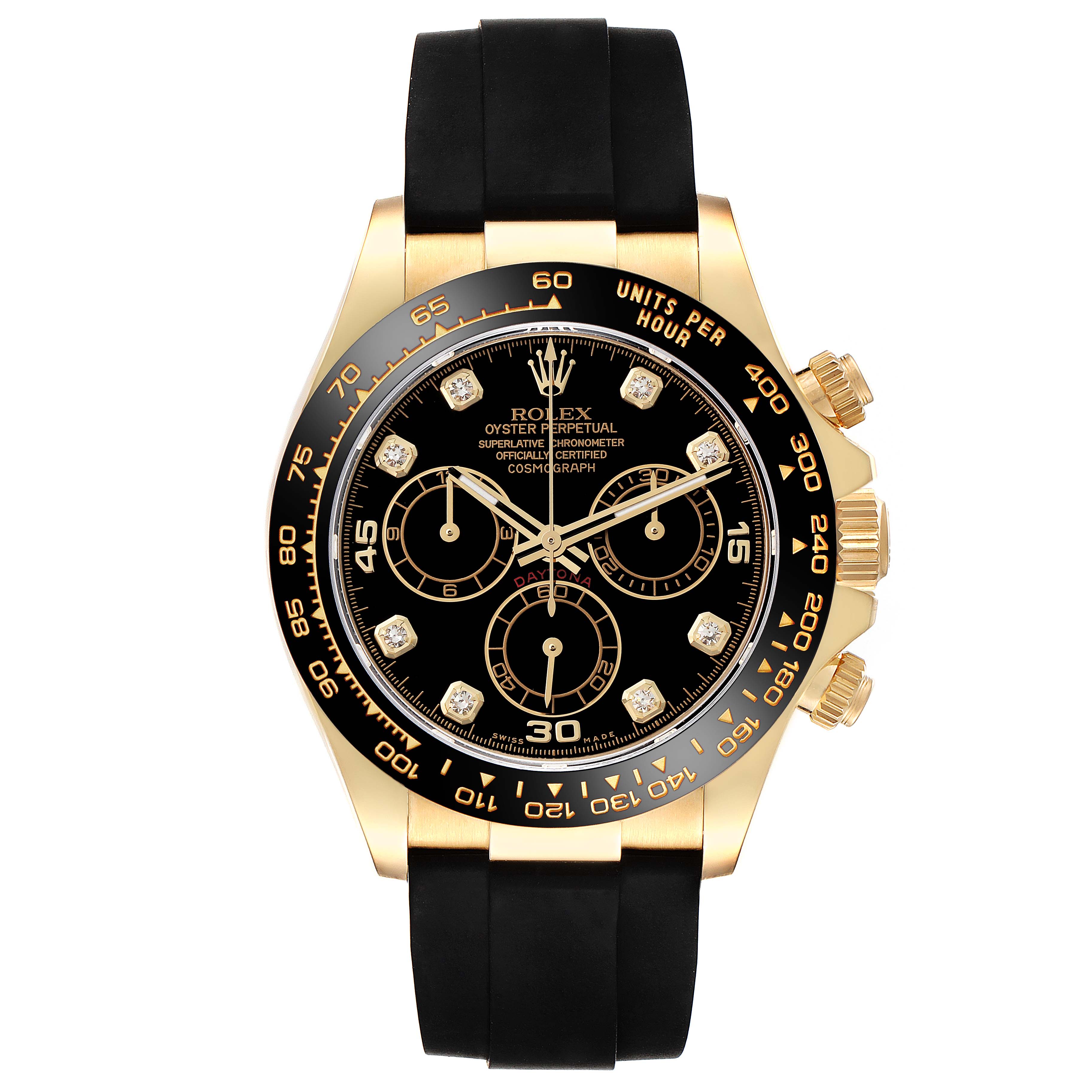 The image shows a front view of the Rolex Daytona 116518 Men's Yellow Gold Black Dial 116518 Men's Yellow Gold Black Dial watch, highlighting its black dial, gold bezel, and black strap.