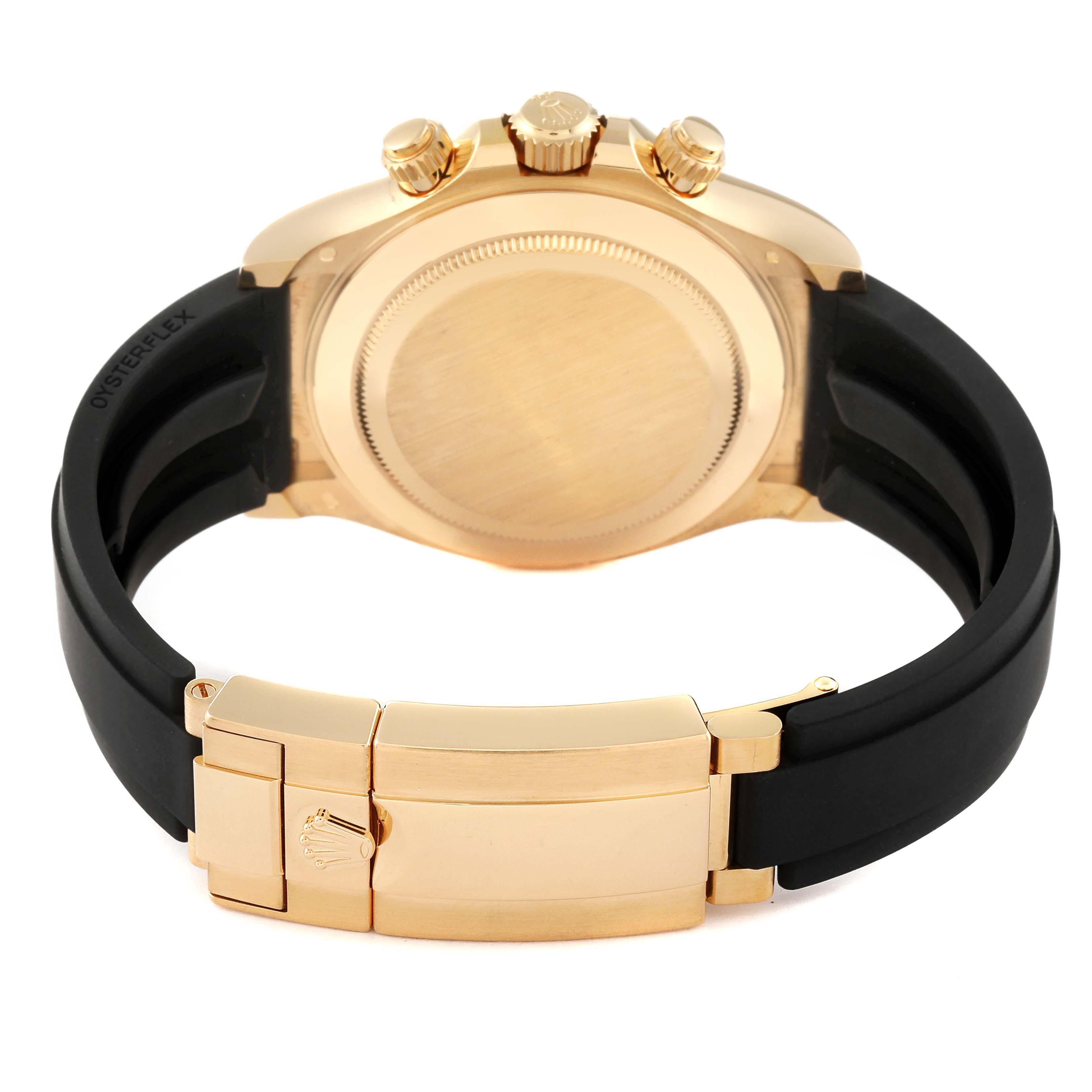 This image shows the back view of a Rolex Daytona 116518 Men's Yellow Gold Black Dial 116518 Men's Yellow Gold Black Dial watch, highlighting the clasp, case back, and black Oysterflex strap.