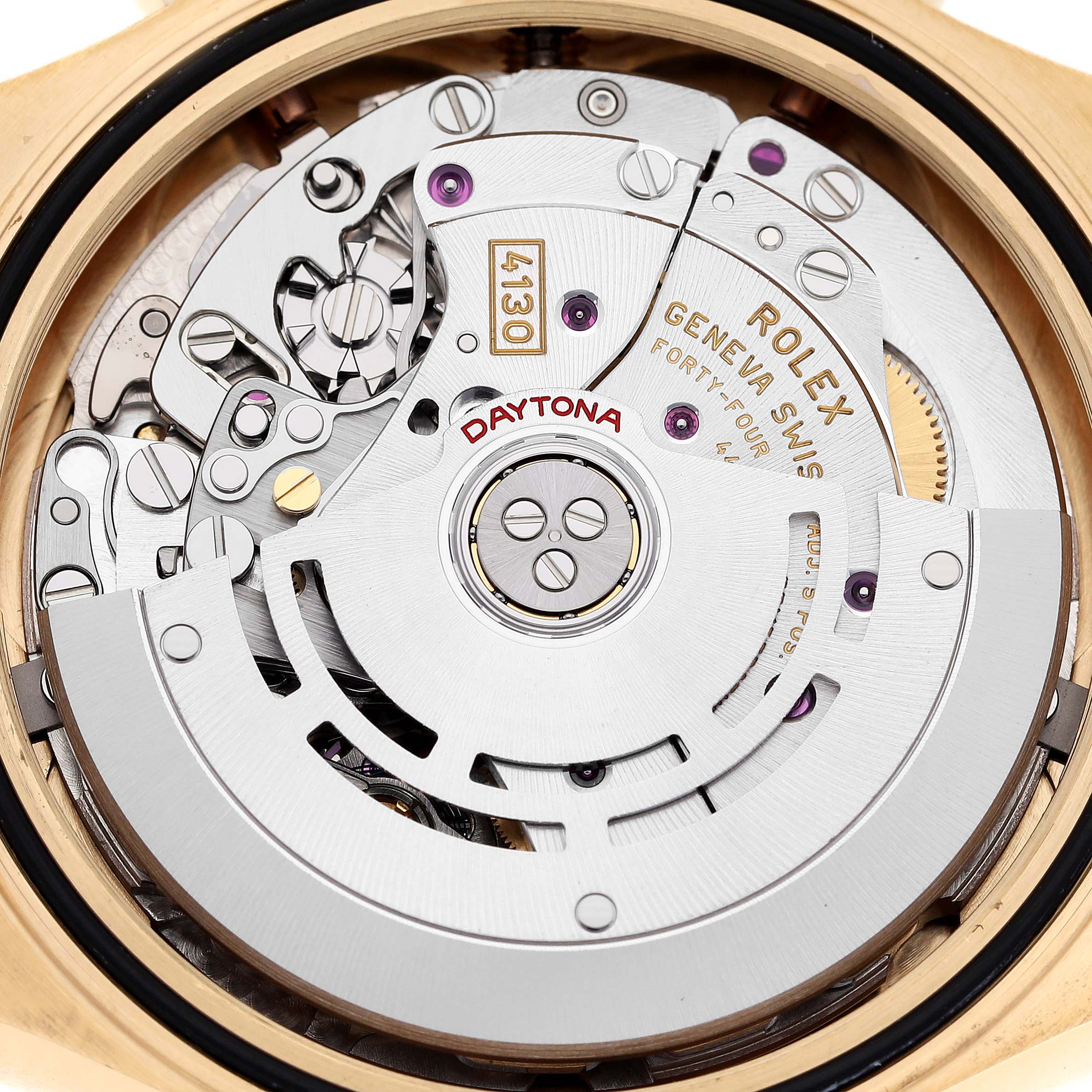 The image shows the movement mechanism with the rotor of a Rolex Daytona 116518 Men's Yellow Gold Black Dial 116518 Men's Yellow Gold Black Dial watch at a close-up angle.