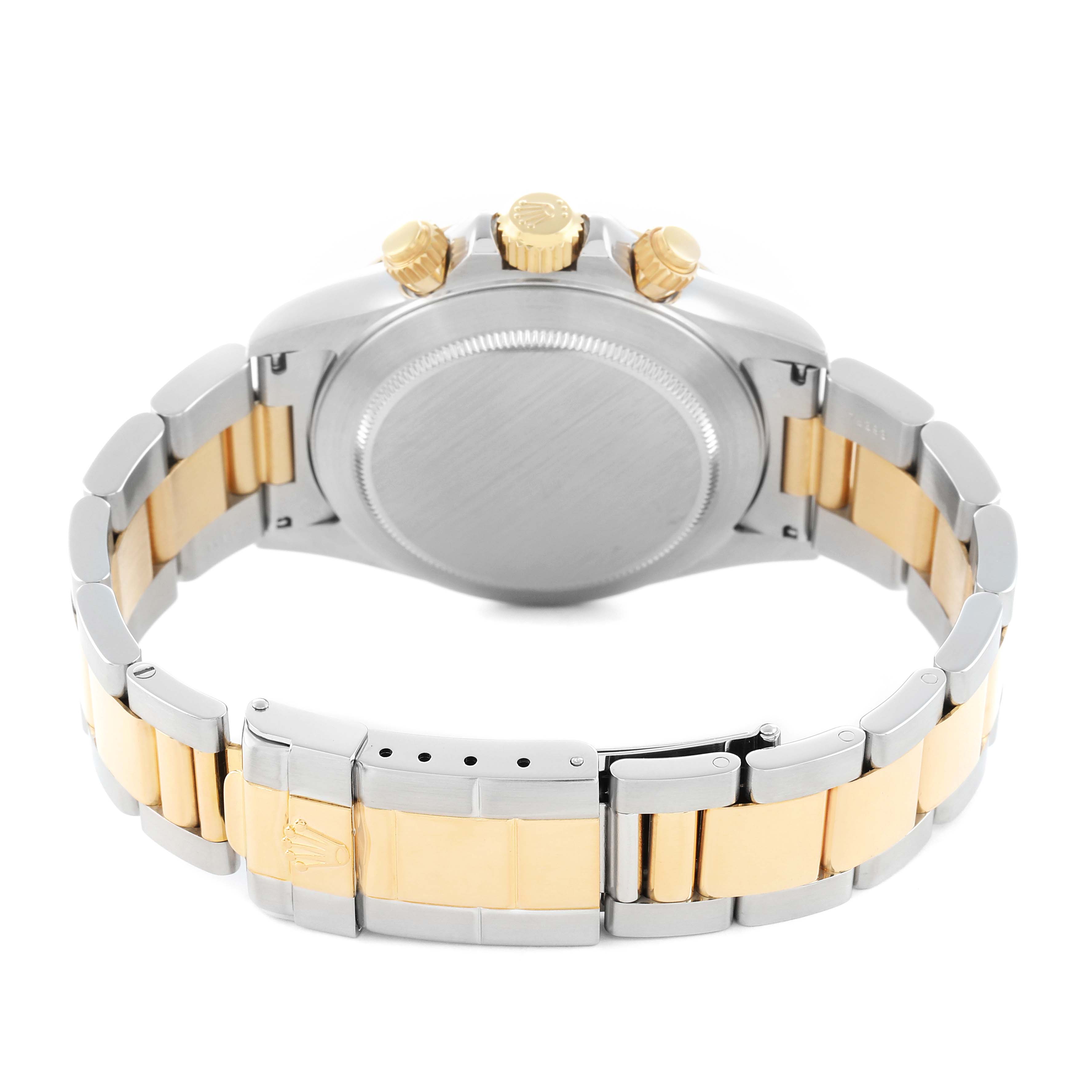 The image shows the back of a Rolex Daytona 16523 Men's Steel and Gold (two tone) Black Dial watch, highlighting the case, crown, pushers, and two-tone bracelet.