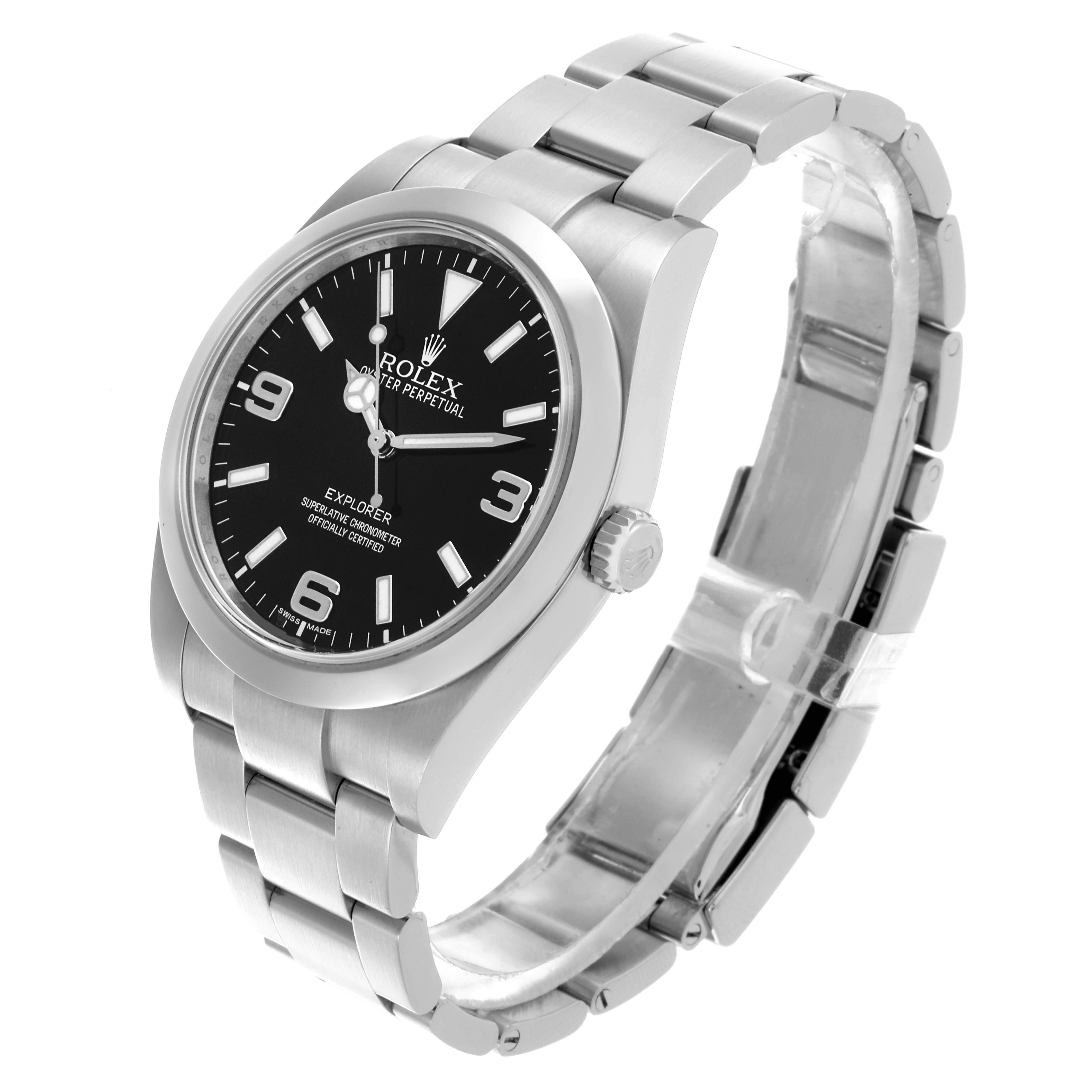 The Rolex Explorer 214270 Men
s Stainless Steel Black Dial 214270 Men
s Stainless Steel Black Dial watch is shown at a three-quarter angle, displaying the dial, crown, and bracelet.