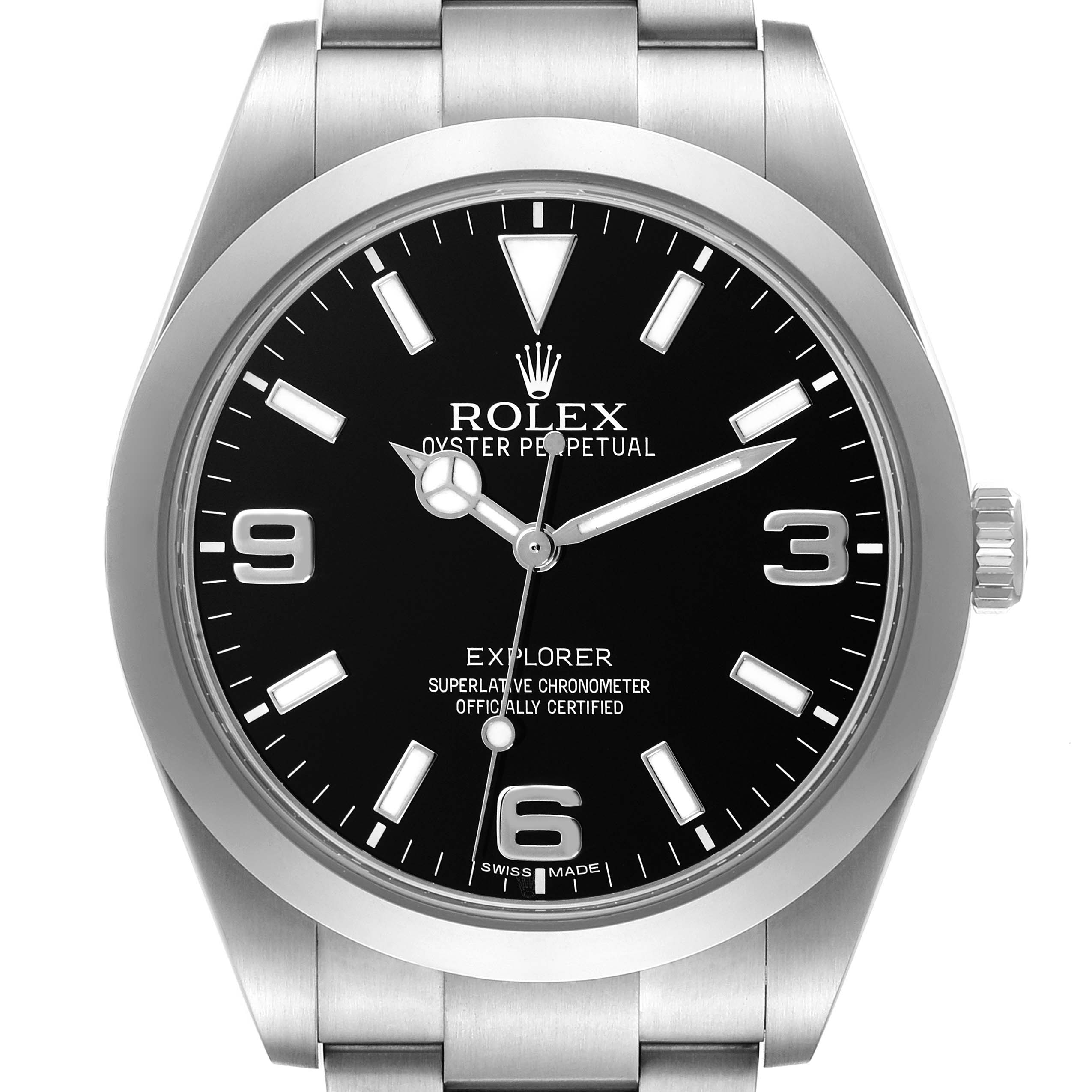 This image shows a front view of the Rolex Explorer 214270 Men
s Stainless Steel Black Dial 214270 Men
s Stainless Steel Black Dial watch face, bezel, and part of the bracelet.
