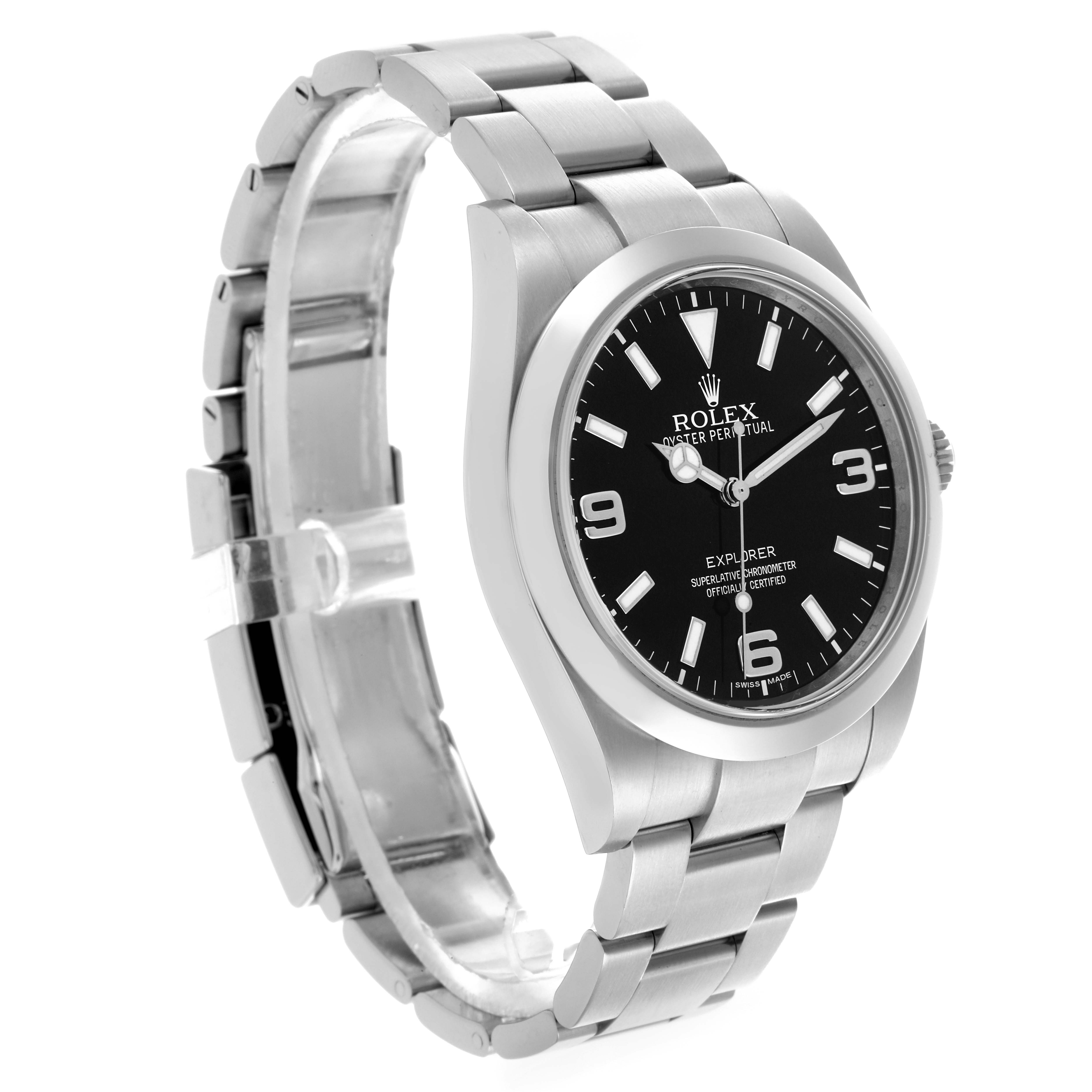 The Rolex Explorer 214270 Men
s Stainless Steel Black Dial 214270 Men
s Stainless Steel Black Dial watch is shown angled slightly from the left, highlighting the face, bezel, and bracelet.