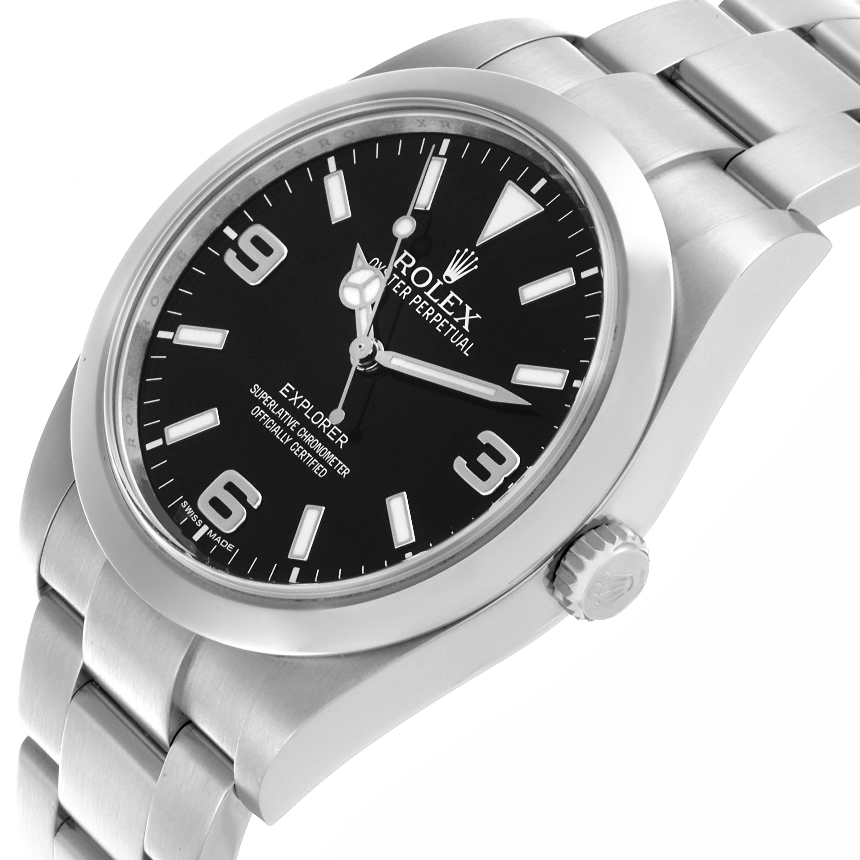 The Rolex Explorer 214270 Men
s Stainless Steel Black Dial 214270 Men
s Stainless Steel Black Dial watch is shown at an angled view highlighting the face, bezel, and part of the bracelet.