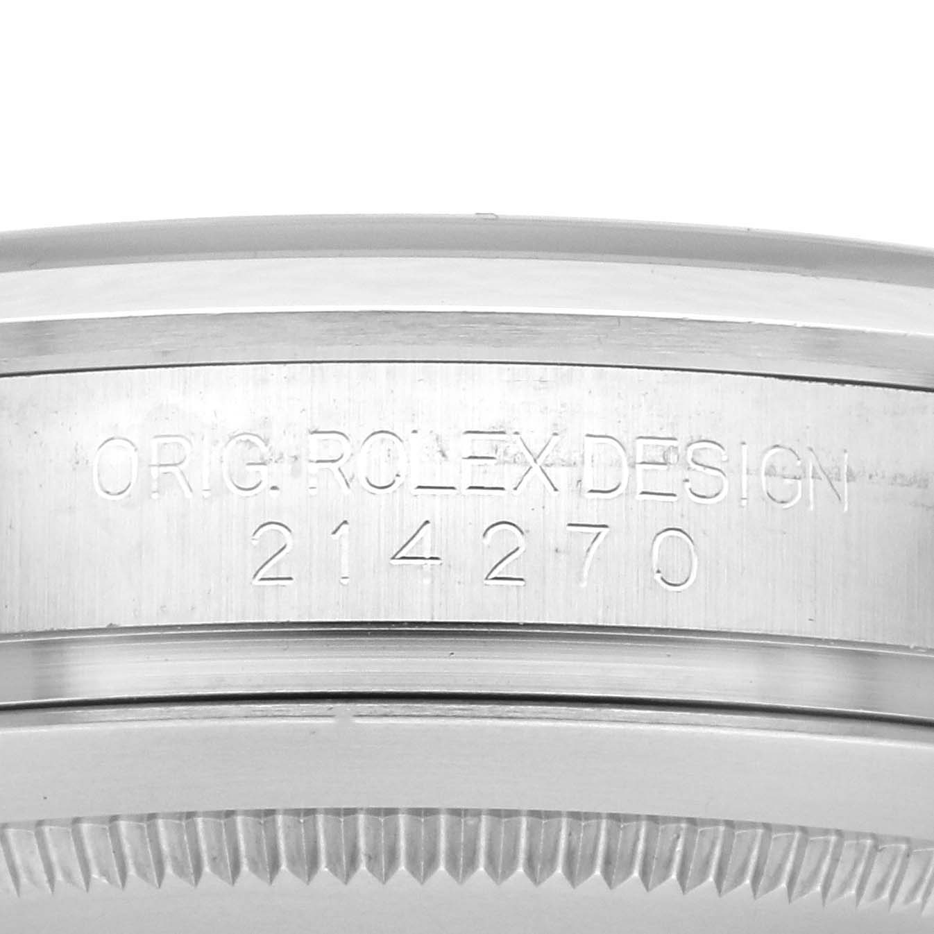 The image shows the side view of the case of a Rolex Explorer 214270 Men
s Stainless Steel Black Dial 214270 Men
s Stainless Steel Black Dial, featuring the model number 214270 engraving.