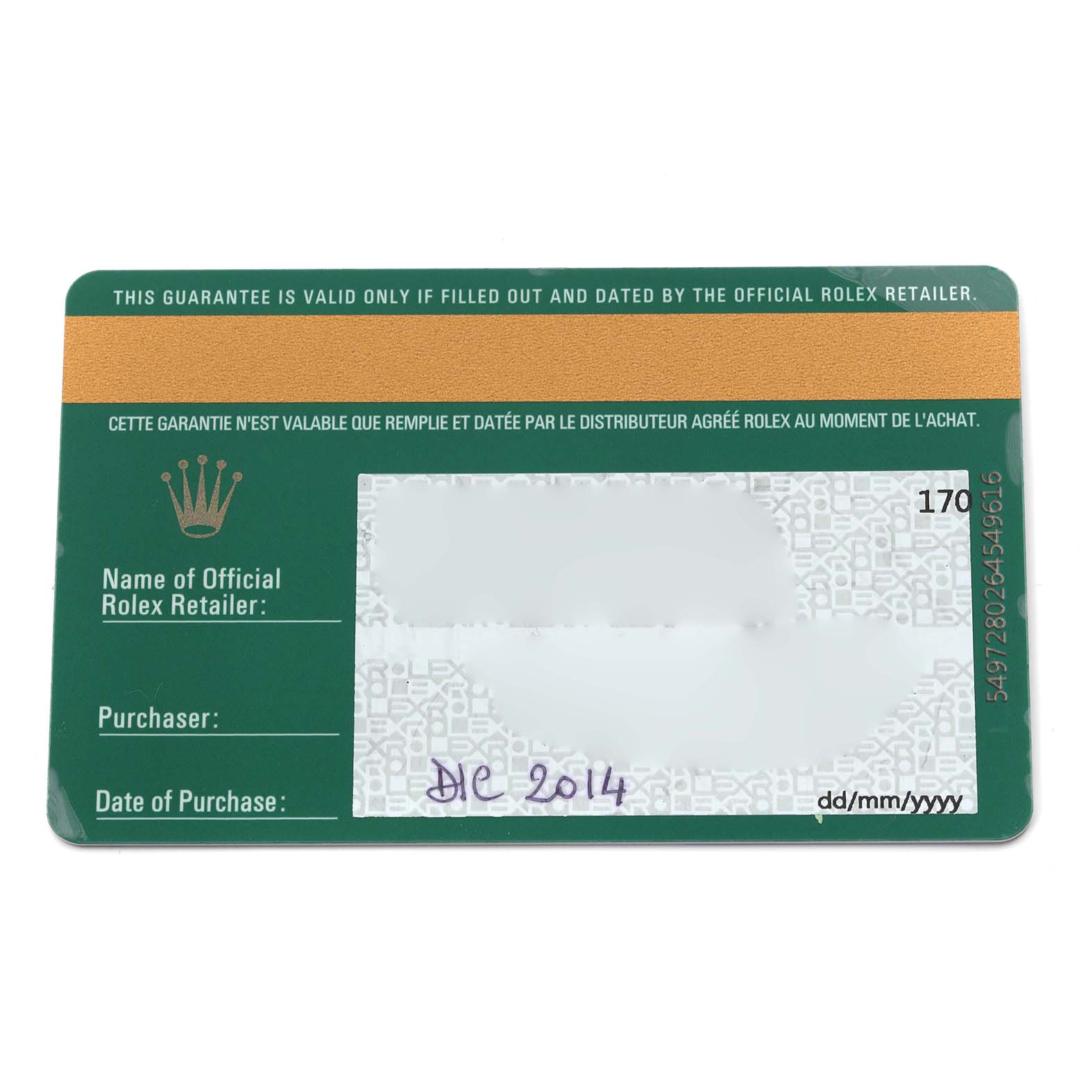 The image shows a warranty card for the Rolex Explorer 214270 Men
s Stainless Steel Black Dial 214270 Men
s Stainless Steel Black Dial.