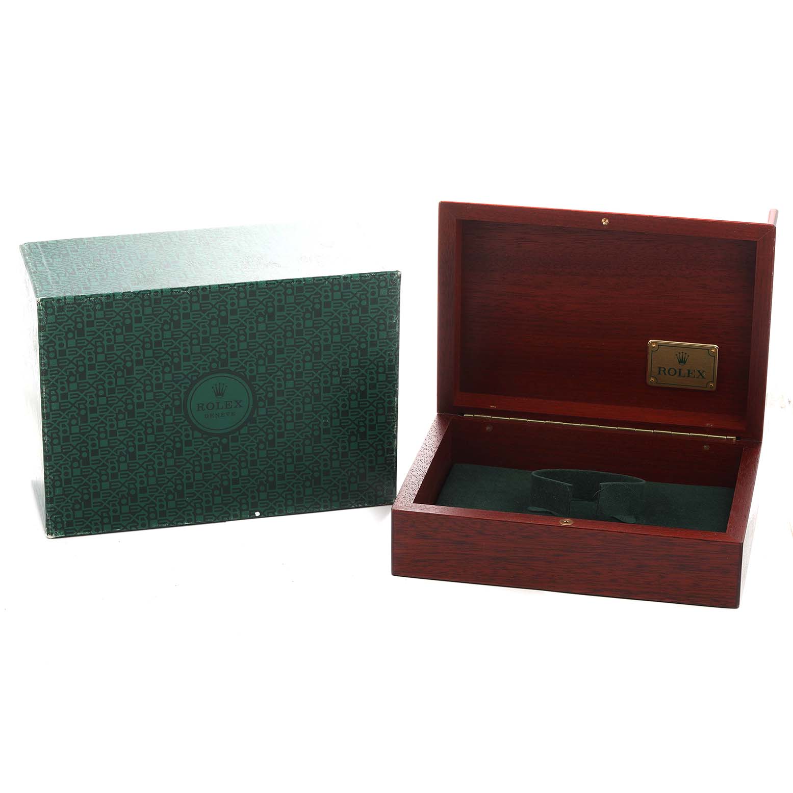 The image shows a Rolex GMT-Master 16718 Men's Yellow Gold Brown Dial wooden watch box and its green outer packaging.