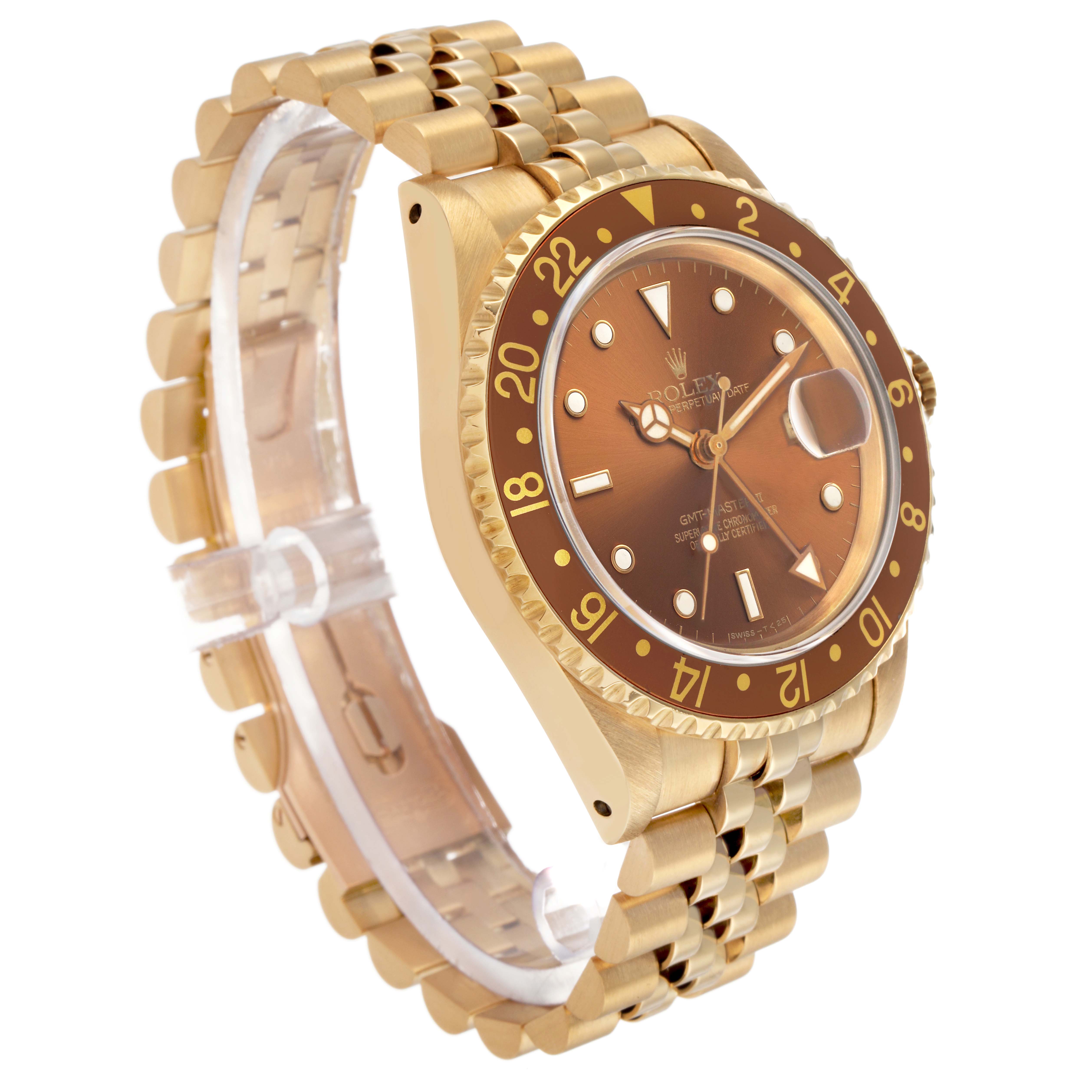 The Rolex GMT-Master 16718 Men's Yellow Gold Brown Dial watch is shown at an angled side view, displaying the face, bezel, and part of the bracelet.