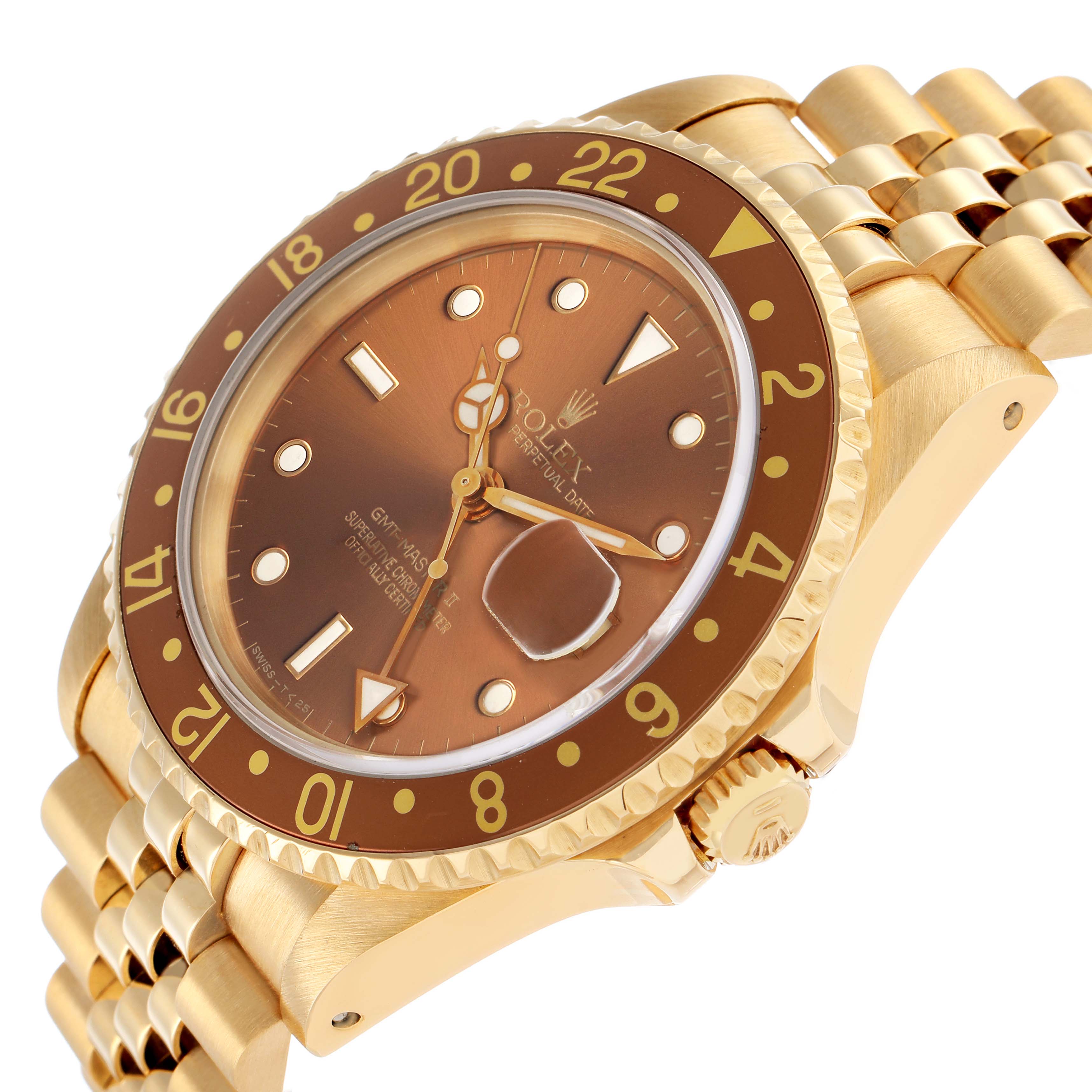 The Rolex GMT-Master 16718 Men's Yellow Gold Brown Dial watch is shown from a diagonal angle, highlighting the bezel, crown, and part of the bracelet.