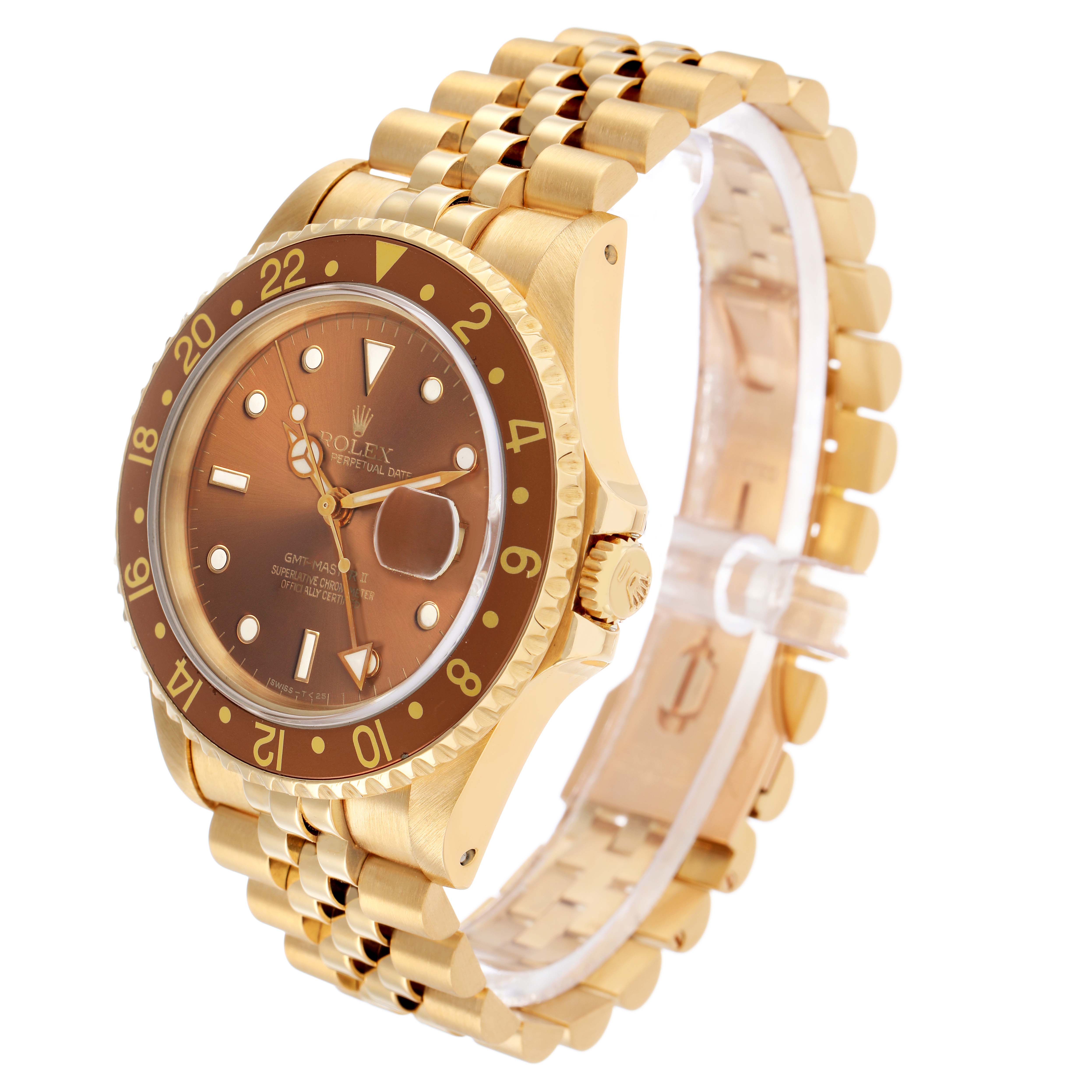 The Rolex GMT-Master 16718 Men's Yellow Gold Brown Dial watch is shown at a three-quarter angle, highlighting the face, bezel, crown, and bracelet.
