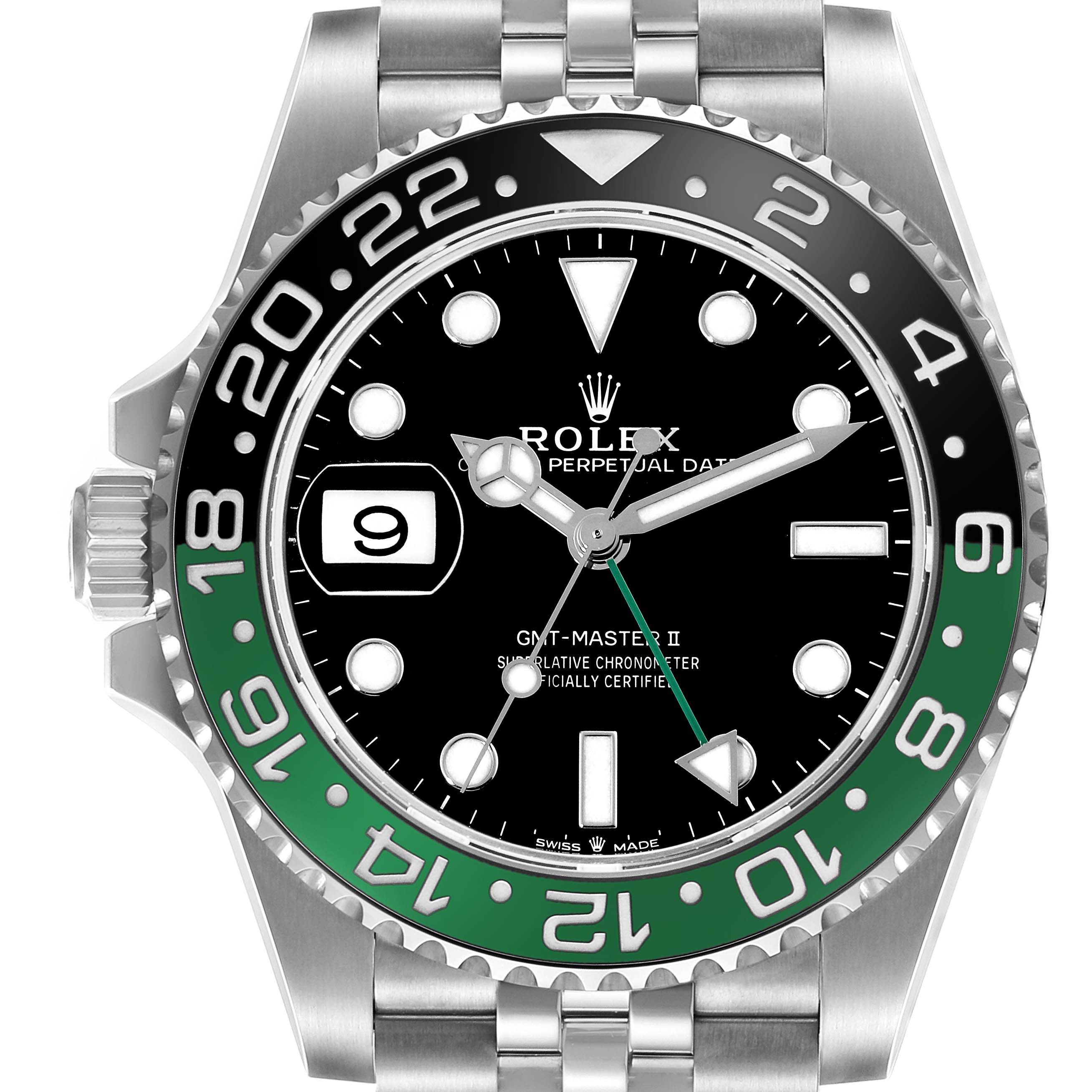 The Rolex GMT-Master 126720VTNR-0001 Men
s Stainless Steel Black Dial 126720VTNR-0001 Men
s Stainless Steel Black Dial II watch is shown from the front angle, highlighting its dial, bezel, and bracelet.