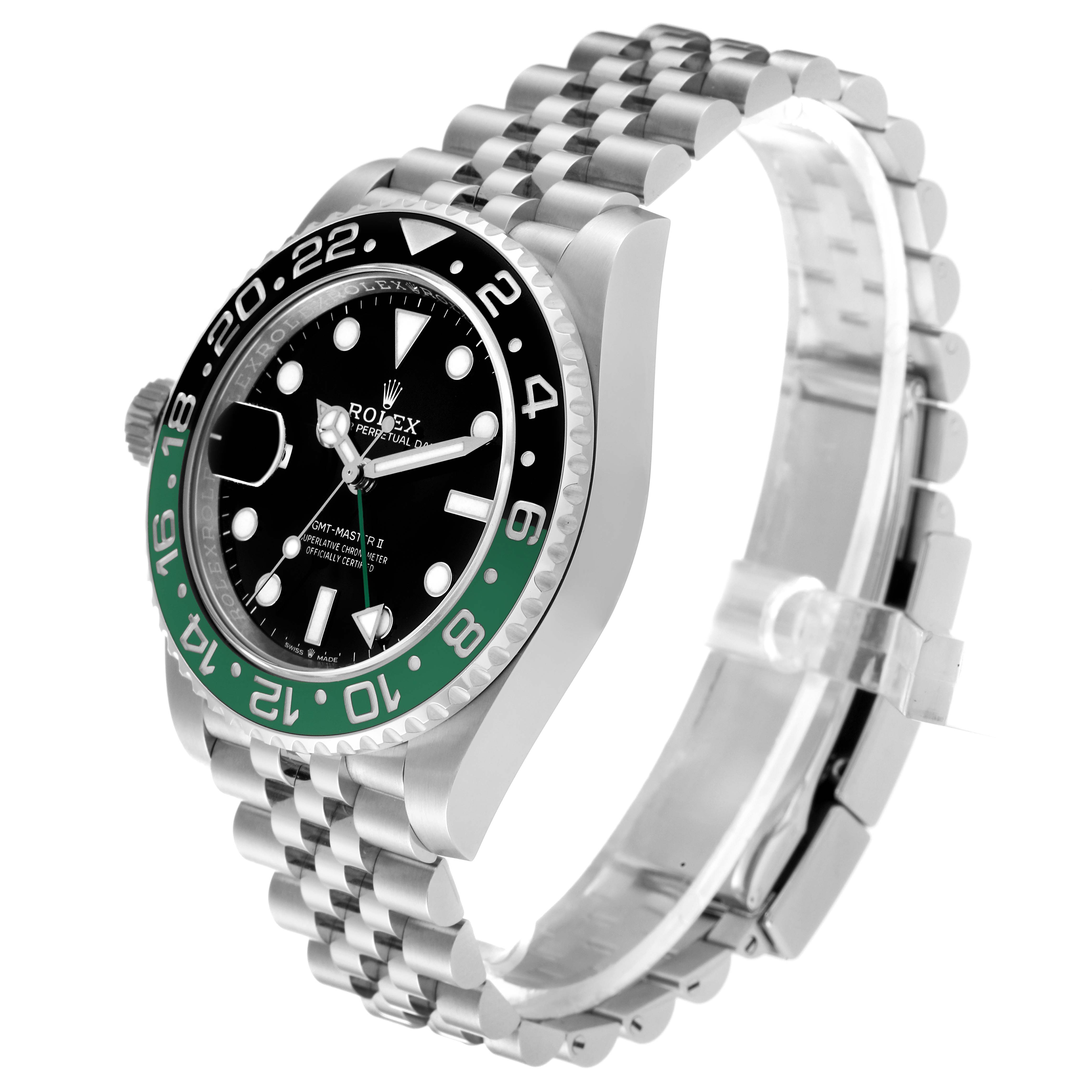 The Rolex GMT-Master 126720VTNR-0001 Men
s Stainless Steel Black Dial 126720VTNR-0001 Men
s Stainless Steel Black Dial watch is shown at an angled side view, highlighting the watch face, bezel, and Jubilee bracelet.